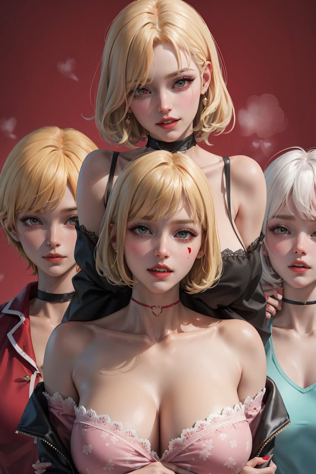 (masterpiece:1.2, best quality), (Soft light), (shiny skin), 2girls, psycho vampire,vampire teeth, off shoulders, between breasts, blonde hair, breast hold, breasts, choker, cleavage, collarbone, pajamas, green eyes, huge tits, short hair, looking at viewer, multiple girls, red background, pink eyes, facing breasts, blood