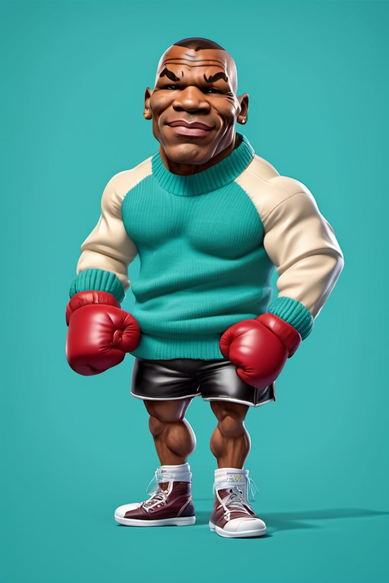 Caricature figure of boxing mike tyson , head, legs, feet, wearing sweater , teal dimentional background, high-res