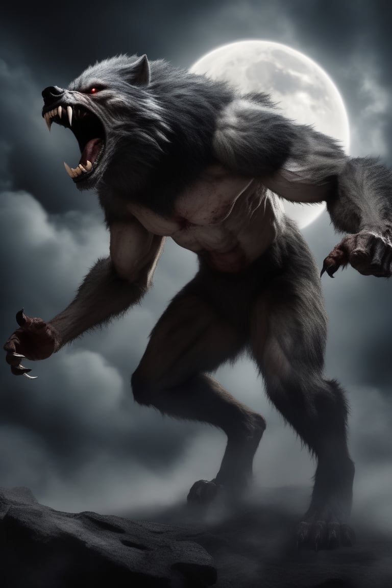 Realistic photo of an angry werewolf stand up, strong paws with claws, three scars on the face, protruding fangs, saliva dripping from the mouth, thick clouds in the background and a huge moon breaking through, 