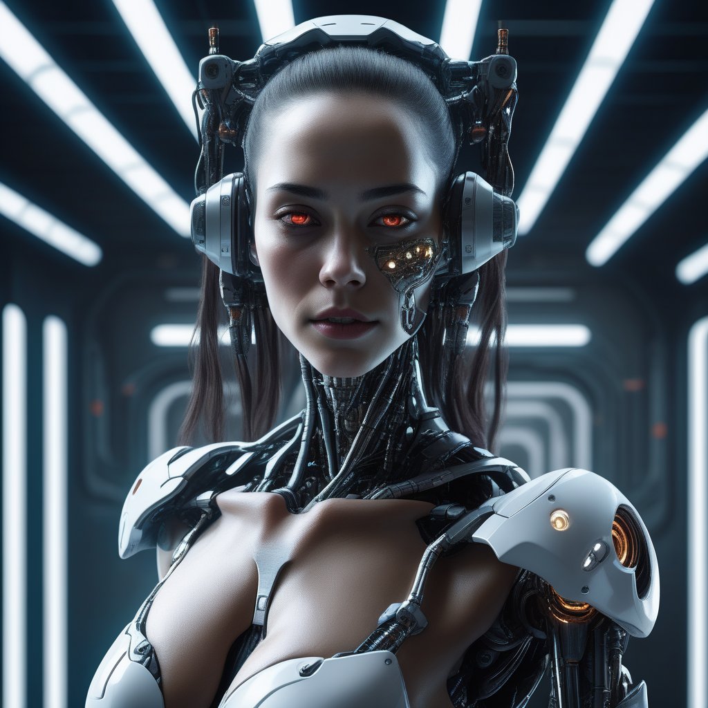 ((Full shot)), (((masterpiece))), (((best quality))), ((ultra-detailed)), (highly detailed CG illustration), cinematic volumetric light, create a gritty cyberpunk portrait of a mesmerizing cyborg female, mechanical vertebra attaching to back, Her human features seamlessly merge with cutting-edge cybernetics, her single digital eye emitting an alluring neon glow against a plain white background, centered potrait