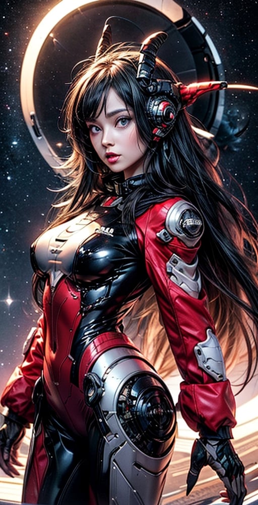 a girl, thunder yellow jacket, tight suit,Space helm of the 1960s,and the anime series G Force of the 1980s,Darf Punk wlop glossy skin, ultrarealistic sweet girl, space helm 60s, holographic, holographic texture, the style of wlop, space, black hair, very_long_hair, big_boobs, ,dragon ear