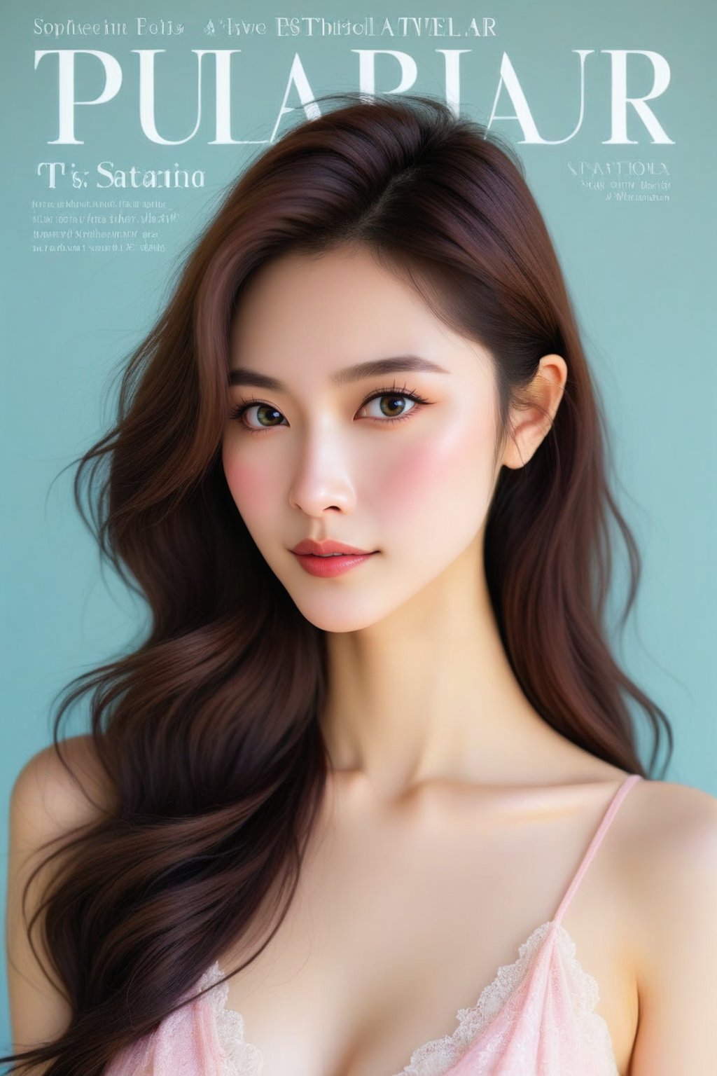 "A high-fashion magazine cover featuring a close-up, upper-body shot of a beautiful Japanese female model with an enhanced bust size, confidently posing with elegance. Her sharp yet graceful facial features are highlighted, and she wears a stylish, modern outfit that accentuates her figure while maintaining a sophisticated and polished look. The background is a neutral gray with professional, magazine-quality lighting that enhances her photorealistic skin texture. Across the cover, bold and stylish magazine text is displayed, including the title in elegant font: **\"FuturEvoLab Beauty\"** at the top. **\"Model of the Year: Embracing Allure and Power\"** The overall composition combines high-end fashion photography with captivating headlines that frame the model’s pose, drawing attention to her beauty and presence. The cover reflects sophistication, confidence, and modern fashion, with the FuturEvoLabBeautify aesthetic enhancing the visual impact."