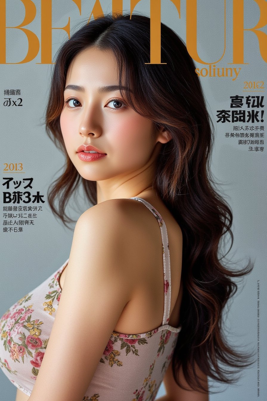 "A high-fashion magazine cover featuring a close-up, upper-body shot of a beautiful Japanese female model with an enhanced bust size, confidently posing with elegance. Her sharp yet graceful facial features are highlighted, and she wears a stylish, modern outfit that accentuates her figure while maintaining a sophisticated and polished look. The background is a neutral gray with professional, magazine-quality lighting that enhances her photorealistic skin texture. Across the cover, bold and stylish magazine text is displayed, including the title in elegant font: **\"Flux Fashion Beauty\"** at the top. **\"Model of the Year: Embracing Allure and Power\"** The overall composition combines high-end fashion photography with captivating headlines that frame the model’s pose, drawing attention to her beauty and presence. The cover reflects sophistication, confidence, and modern fashion, with the FuturEvoLabBeautify aesthetic enhancing the visual impact."