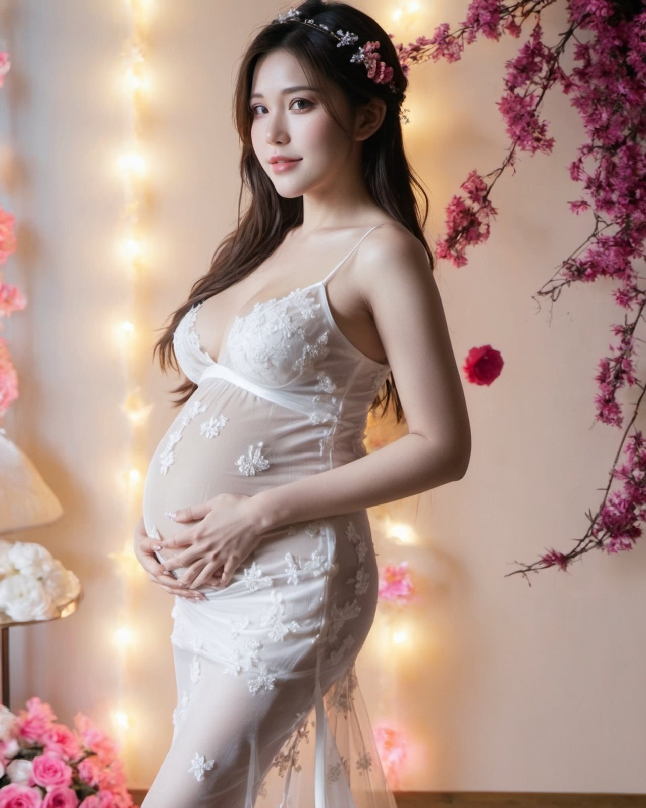 xxmix_girl, beautiful girl(Sheer wedding Dress), full body portrait, huge pregnant belly, pregnant, highlights, grainy, smiling, indifferent, hazy, floral, tender, erotic, sll, FilmGirl, milk, wet body and face, siton  a speaker (jbl :1.3).,ms_puiyi ,cutegirlmix,sticker,LinkGirl