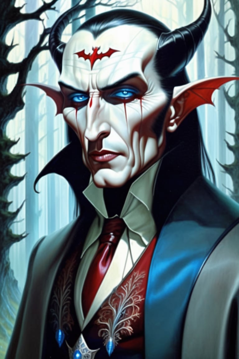 realistic extremely detailed portrait painting of an elegantly creepy vampire man dressed as dracula, futuristic sci-fi forest on background by Jean Delville, Amano, Yves Tanguy, Alphonse Mucha, Ernst Haeckel, Edward Robert Hughes, Roger Dean, rich moody colours, blue eyes sonic in frozen movie