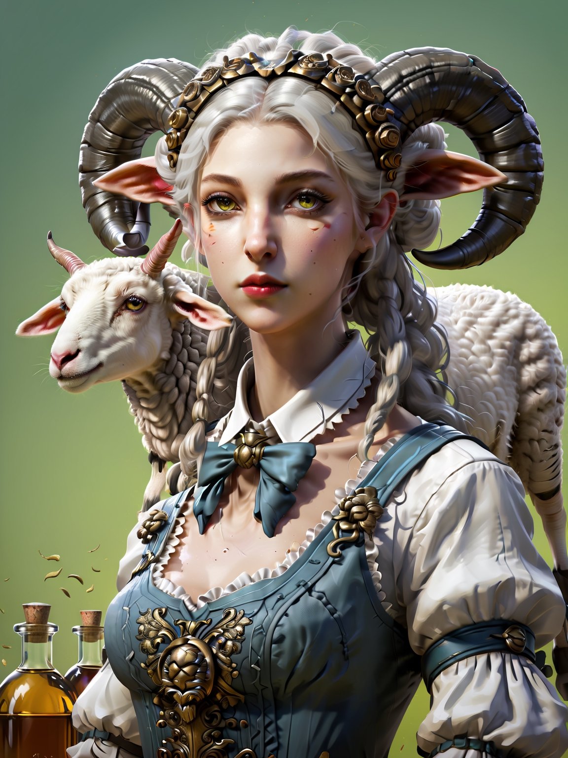 female anthropomorphic sheep in maid outfit, realistic portrait, highly detailed, digital painting, artstation, concept art, smooth, sharp focus, illustration, cinematic lighting, art by artgerm and greg rutkowski and alphonse mucha and boris vallejo and frank frazetta a perfume bottle shaped like a cockroach, product photo