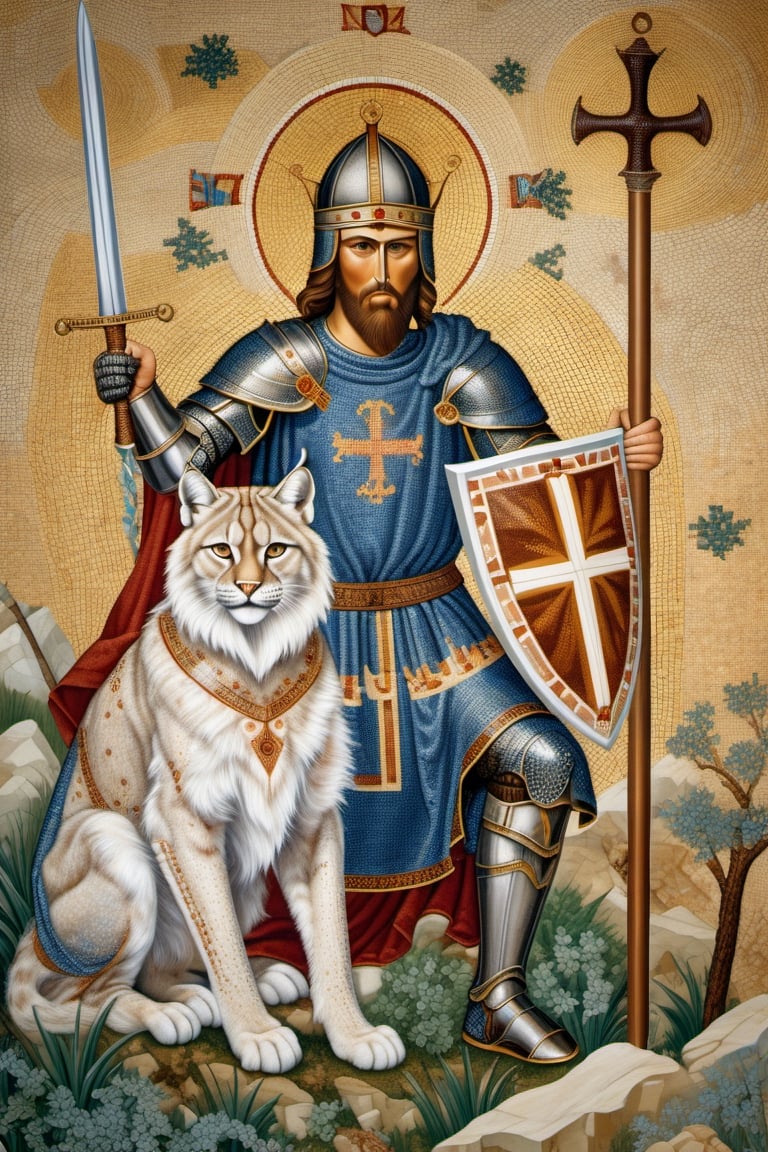 Frost Lynx It readily attacks much larger prey, knowing retaliation is impossible. realistic portrait of a crusader knight, with tanned skin, in a byzantine mosaic, very detailed, very realistic, elegant, top art, renowed artwork