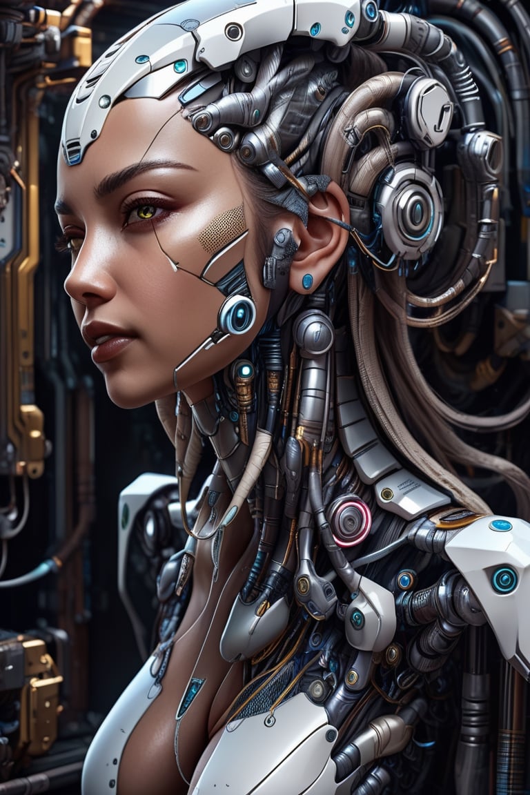 Full body front view of a beautiful biomechanical  goddess, flowing hair, intense stare, sweet smile, concept art, intricate detail, volumetric shadows and lighting, psychedelic colors, realistic oil painting by gustave dore, movie still, professional photography, 8 k complex 3d render ultra detailed of a beautiful porcelain profile woman android face, full body, sitting, cyborg, robotic parts, 150 mm, beautiful studio soft light, rim light, vibrant details, luxurious cyberpunk, lace, hyperrealistic, anatomical, facial muscles, cable electric wires, microchip, elegant, beautiful background, octane render, H. R. Giger style, 8k, best quality, masterpiece, illustration, an extremely delicate and beautiful, extremely detailed ,CG ,unity ,wallpaper, (realistic, photo-realistic:1.37),Amazing, finely detail, masterpiece,best quality,official art, extremely detailed CG unity 8k wallpaper, absurdres, incredibly absurdres, robot, silver halmet,