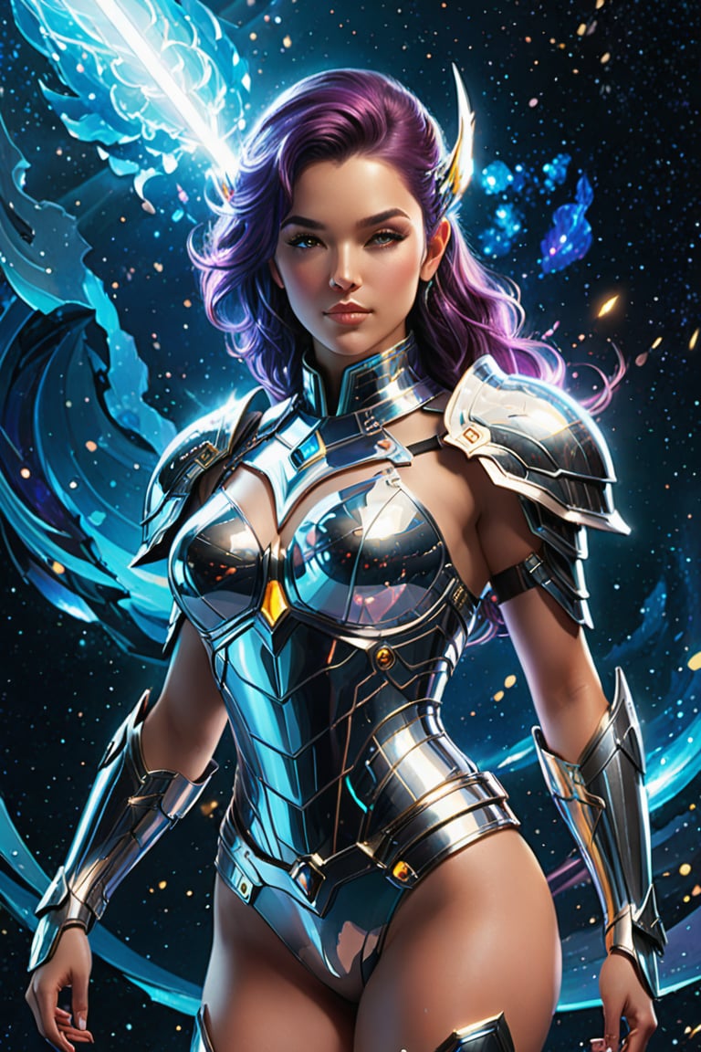 Digital artwork showcasing a chrome female character in humanoid form, embodying the essence of Spindrift Drake and Negate. Her body is adorned with multi-colored armor that shines with sheen and reflections, emphasizing her curvaceous and rounded physique. Holding a colossal space weapon themed after galaxies, she strikes a dynamic pose exuding power and strength. Unreal engine effects like sparkles, lens flares, and depth of field add a touch of magic to the scene. The background, influenced by the artistic styles of Barlowe Wayne, Maxfield Parrish, and Marco Mazzoni, is a breathtaking masterpiece filled with intricate details that complement the futuristic theme. --s 1000