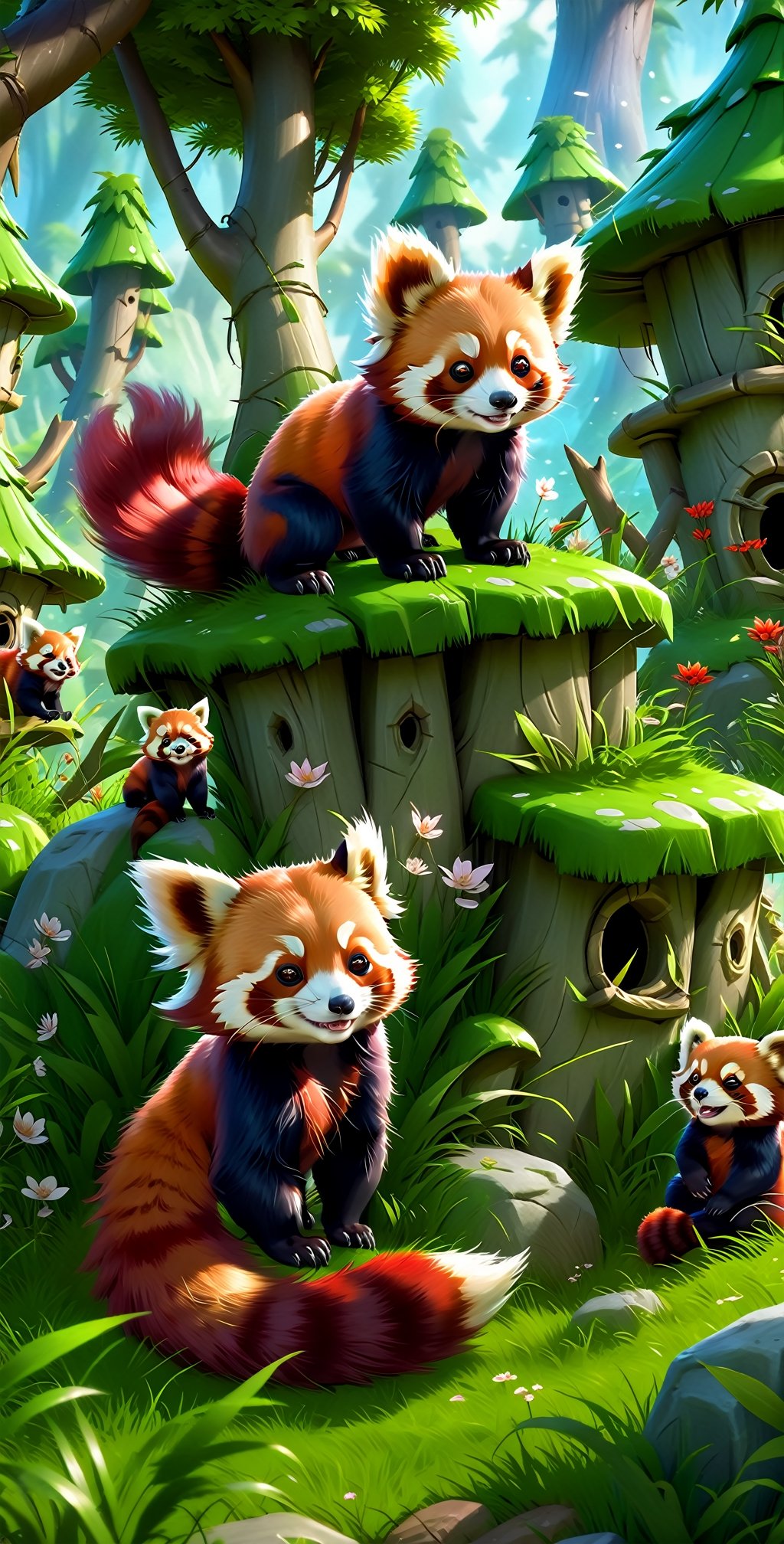 a group of happy red pandas in the grass in front of fairy village, concept art by senior environment artist, cgsociety, furry art, artstation hq, playstation 5 screenshot