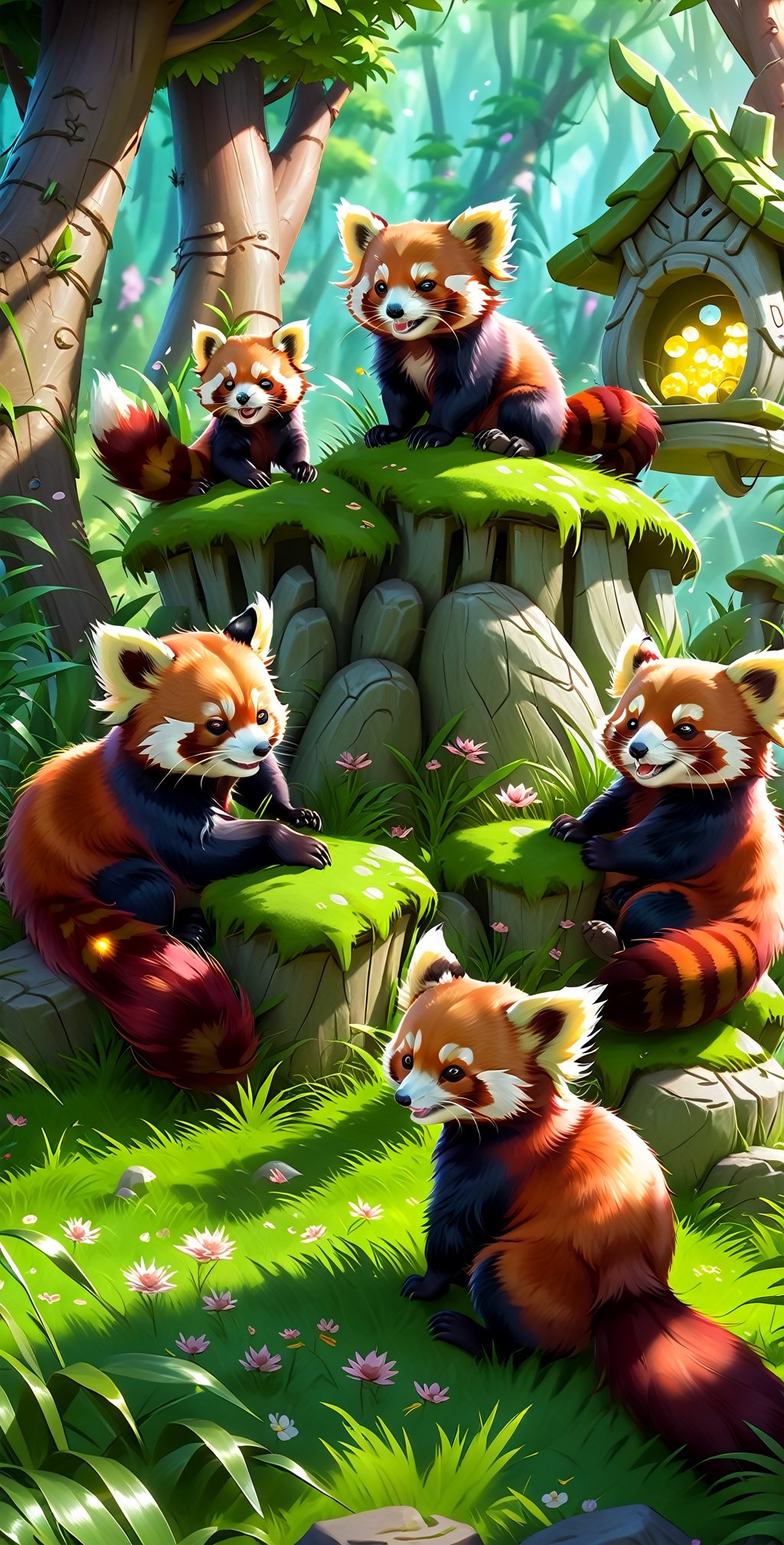 a group of happy red pandas in the grass in front of fairy village, concept art by senior environment artist, cgsociety, furry art, artstation hq, playstation 5 screenshot