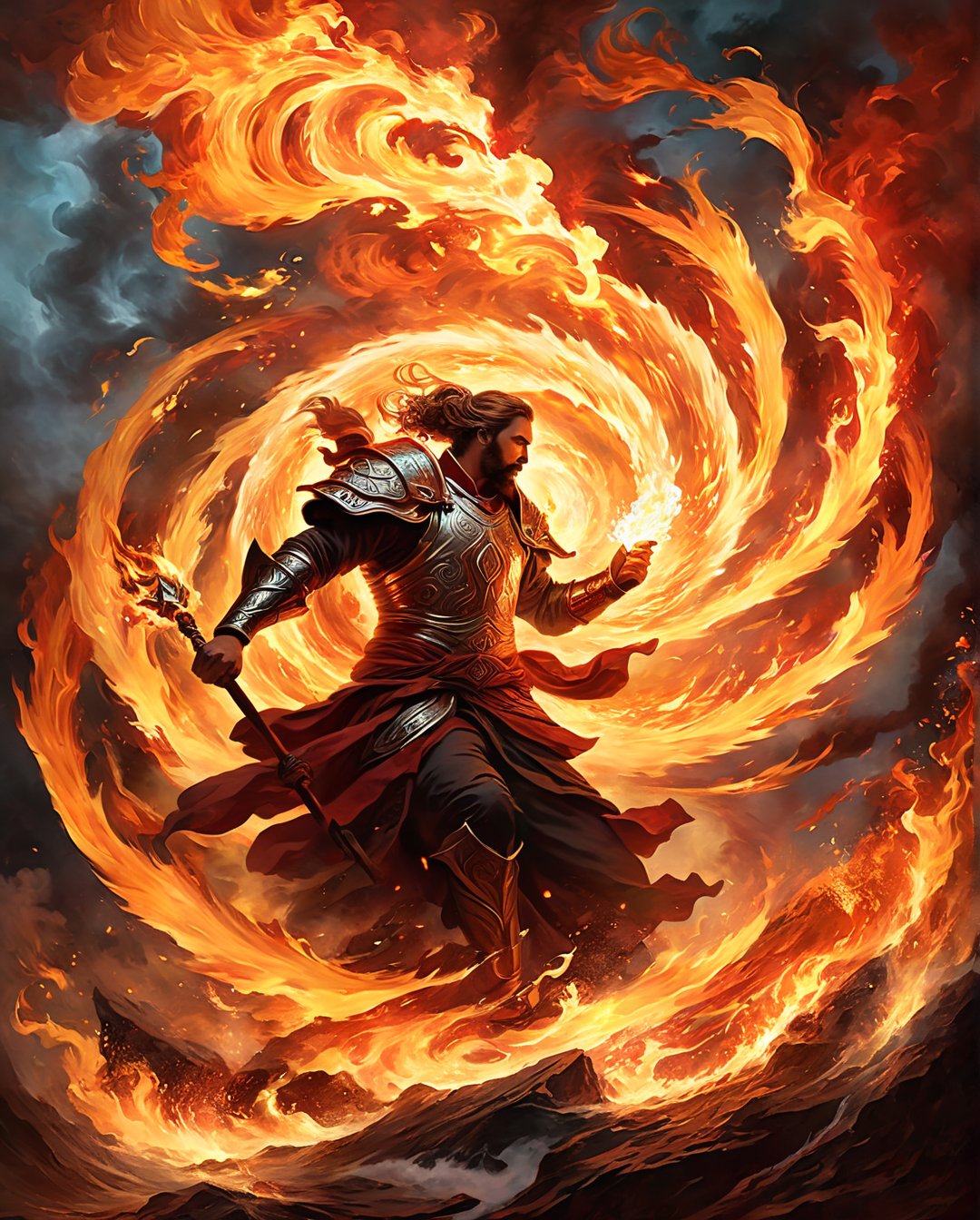 Digital art combining "Incendiary Flow" and "Cursed Scroll", depicting Chandra, a fiery mage, conjuring a swirling vortex of flames from a mysterious, ancient scroll. Gideon, a rugged warrior, looks on in concern as the intense heat radiates from the magical blaze. The scroll's cursed symbols glow ominously, adding an element of dark magic to the scene. Illustrated by D. Alexander Gregory, the image conveys a sense of urgency and power, with intricate details and rich colors. --s 1000