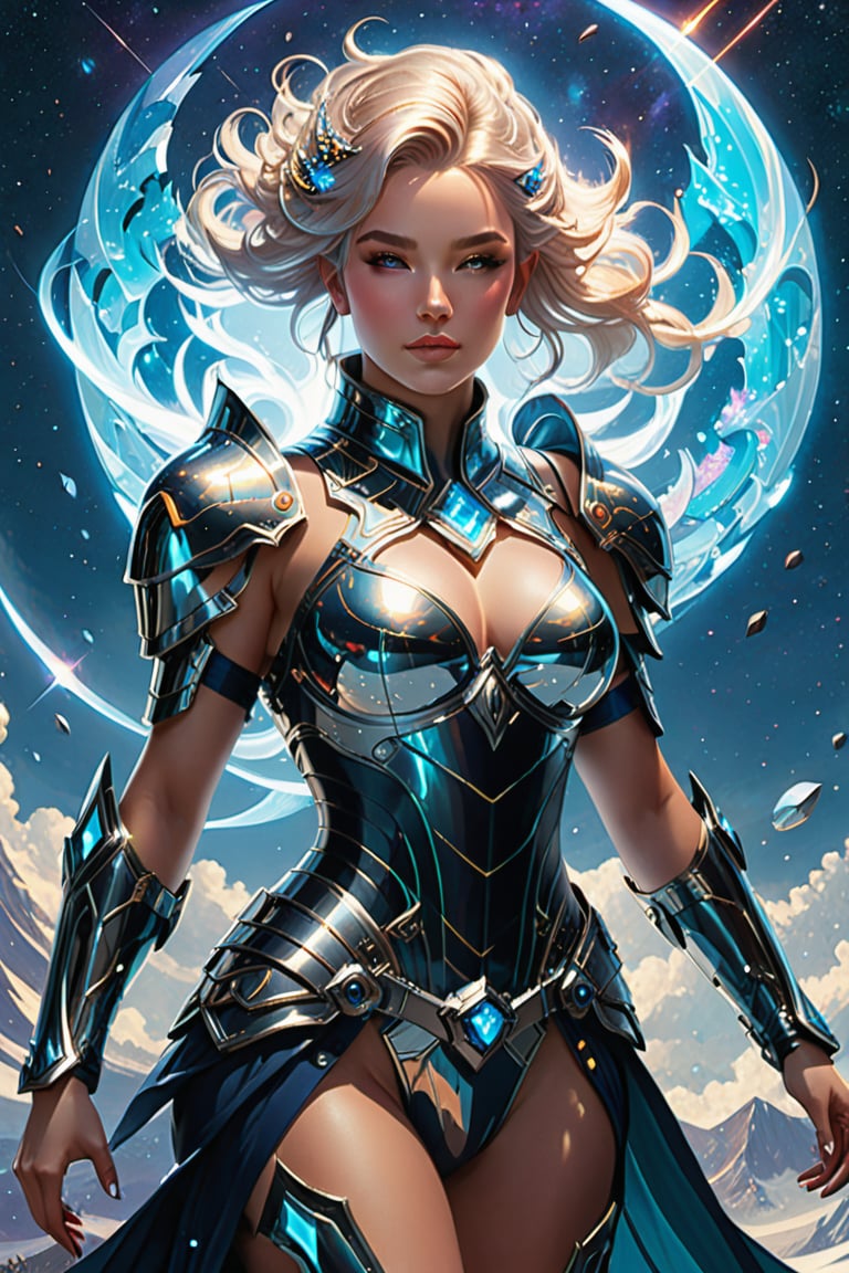 Detailed full-body digital art of a chrome female character in humanoid form, embodying Spindrift Drake and Negate. Adorned in vibrant armor that radiates with sheen and reflections, her voluptuous figure features a very round top and bottom body. Holding a grand space weapon inspired by galaxies, she strikes a dynamic pose exuding power and grace. Unreal engine effects like sparkles, lens flares, and depth of field enhance her otherworldly presence. The background, skillfully crafted by Barlowe Wayne, Maxfield Parrish, and Marco Mazzoni, is a mesmerizing tapestry of intricate details that elevate the futuristic ambiance. --s 1000