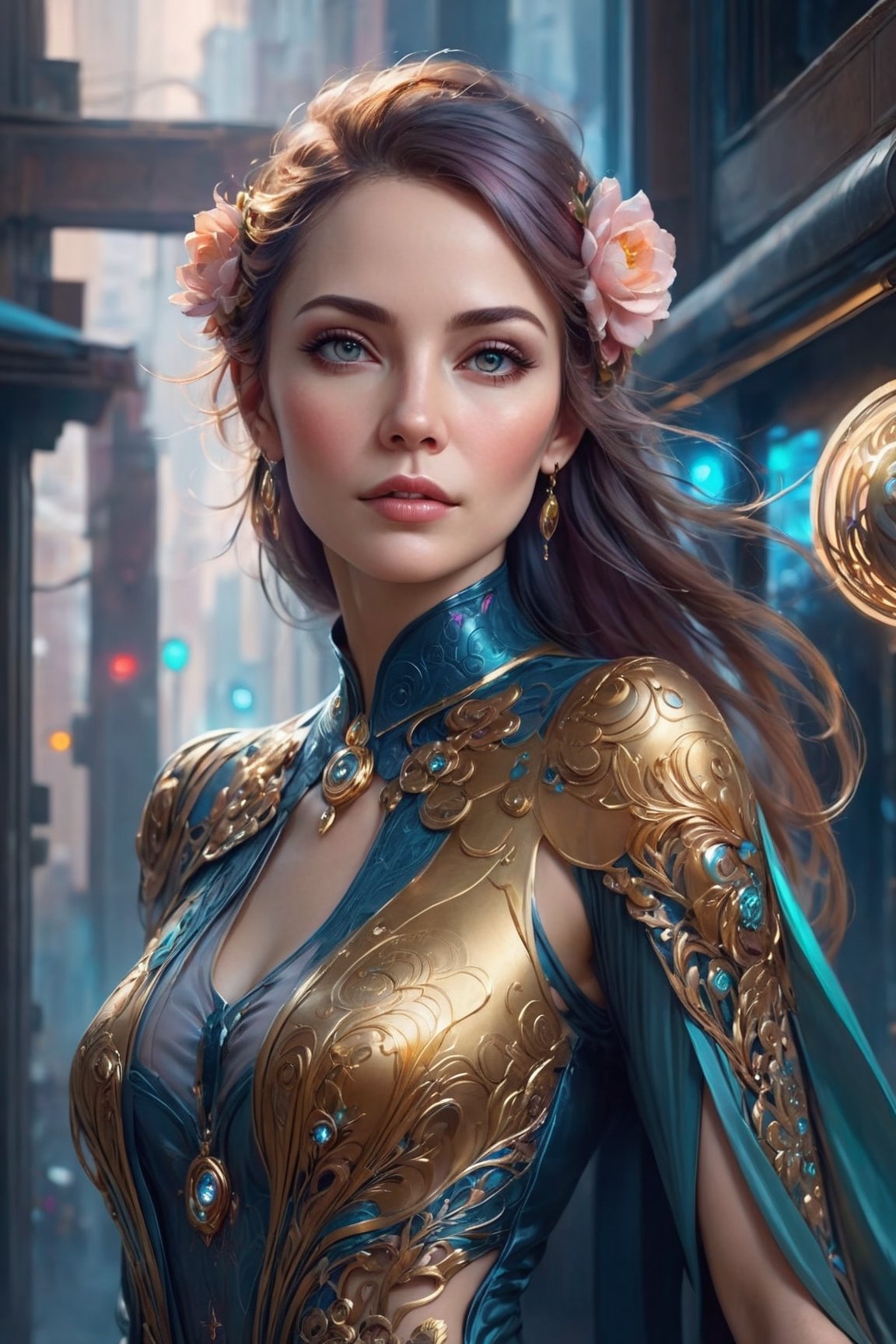 artwork by artem demura Beautiful ethereal cyberpunk woman in her fifties, art nouveau, fantasy, intricate flower designs, elegant, highly detailed, sharp focus, art by Artgerm and Greg Rutkowski and WLOP