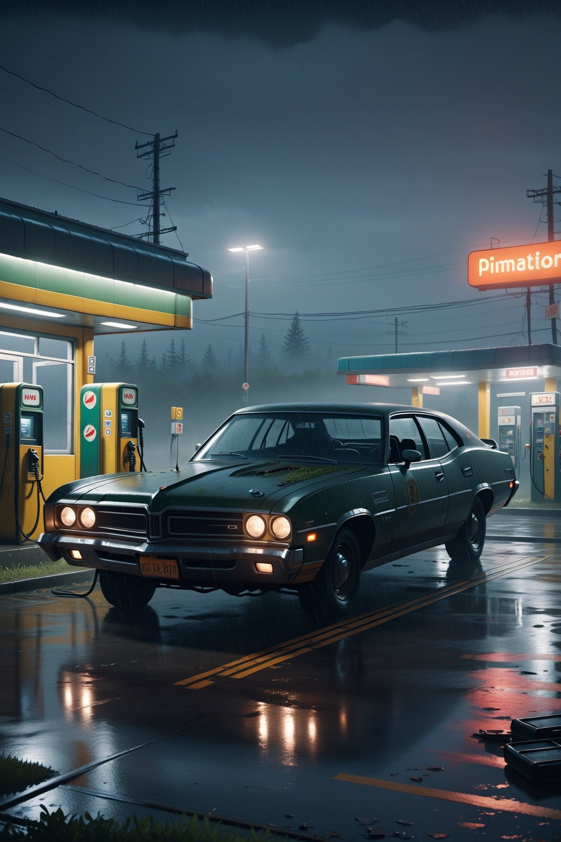 In the car on a rainy night,The protagonist returns to the car,The phone shows no signs of charging。The protagonist answers the phone,Breathing sounds and silence are heard。Completely realistic,  Full high resolution, Well made,detail-rich best quality, masterpiece, cinematic, horror, sinister, abandoned gas station, overgrown, vegetation, moist, damp, night, dark, volumetric fog