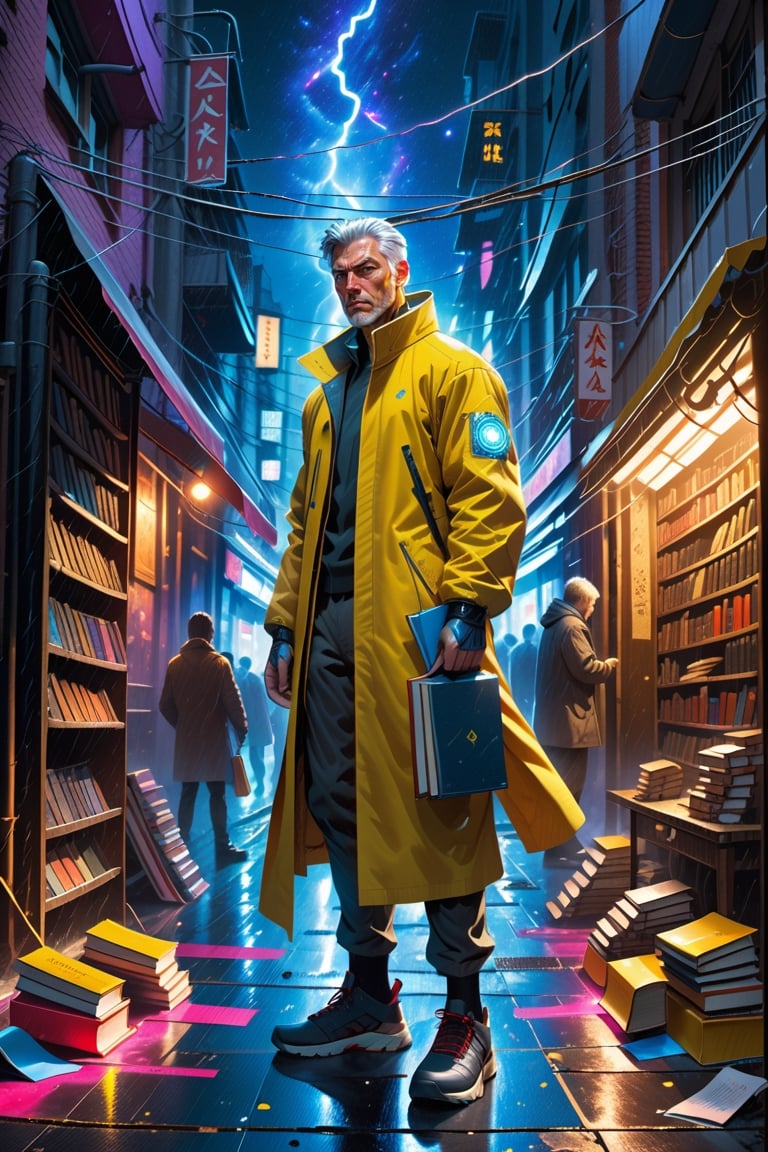 Shoes, sneakers, an alley inside a city from ghost in the shell, night time, neon lights, rain, busy, traffic masterpiece, best quality, ultradetailed, intricate detail, bold strokes, thick application, light, pagan, gorgeous magician, tall man with wand, books, magic light, spells, strange medieval outfit, library, blue lights and sparks, SGI effects, yellow lightning, gray-haired, alchemistry, constellation