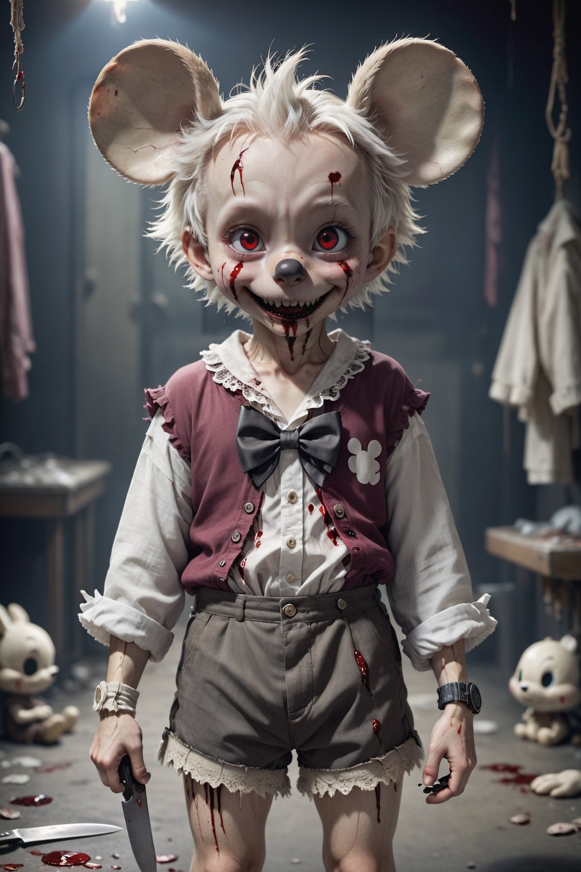 masterpiece, (photorealistic:1.4),creepy mickey mouse with knife and blood, look at camera in dark room,  RAW photo, 8k uhd, ((film grain)) , masterpiece, best quality, highres, 1boy, cream hair, white hair, pearl hair, lovely boy, rabbit ears, loose clothing, oversized clothing, dark red eyes, eye bags, dark circles under eyes, yami kawaii, fluffy hair, voluminous hair, skinny, slim, very skinny, androgynous, cute, creepy, short hair, horror, washed out colours, white skin, creepy, unnaturally thin, starving, eyes, eyes in background, sharp eyes, long eyelashes, under lashes, loose shorts, lace shirt, ruffled shirt, bow around neck, detailed clothing, loose cardigan, open cardigan, dripping blood, horrific, nightmare, haunted, stitches, patchwork, strings, injuries, hell, injuries on arms, self harm, cuts, black fingers, factory, abandoned, falling apart