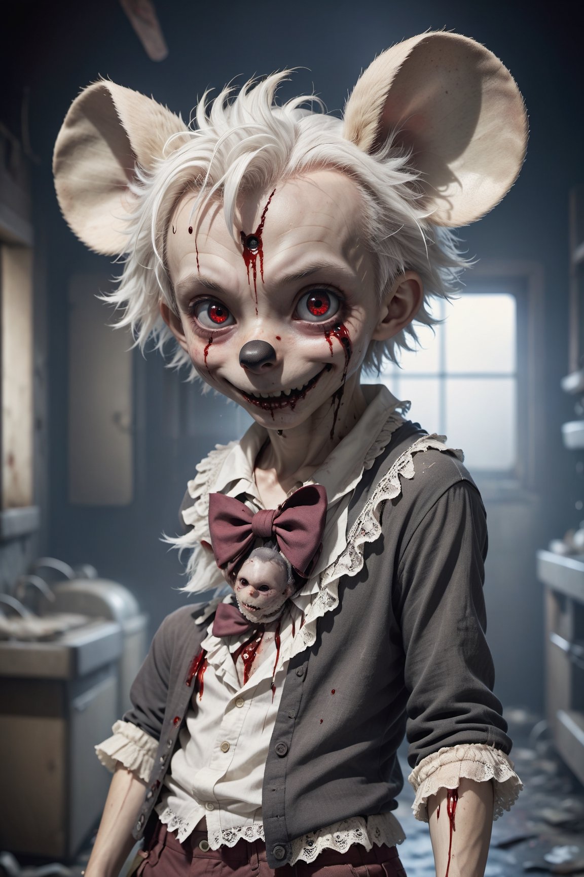 masterpiece, (photorealistic:1.4),creepy mickey mouse with knife and blood, look at camera in dark room,  RAW photo, 8k uhd, ((film grain)) , masterpiece, best quality, highres, 1boy, cream hair, white hair, pearl hair, lovely boy, rabbit ears, loose clothing, oversized clothing, dark red eyes, eye bags, dark circles under eyes, yami kawaii, fluffy hair, voluminous hair, skinny, slim, very skinny, androgynous, cute, creepy, short hair, horror, washed out colours, white skin, creepy, unnaturally thin, starving, eyes, eyes in background, sharp eyes, long eyelashes, under lashes, loose shorts, lace shirt, ruffled shirt, bow around neck, detailed clothing, loose cardigan, open cardigan, dripping blood, horrific, nightmare, haunted, stitches, patchwork, strings, injuries, hell, injuries on arms, self harm, cuts, black fingers, factory, abandoned, falling apart