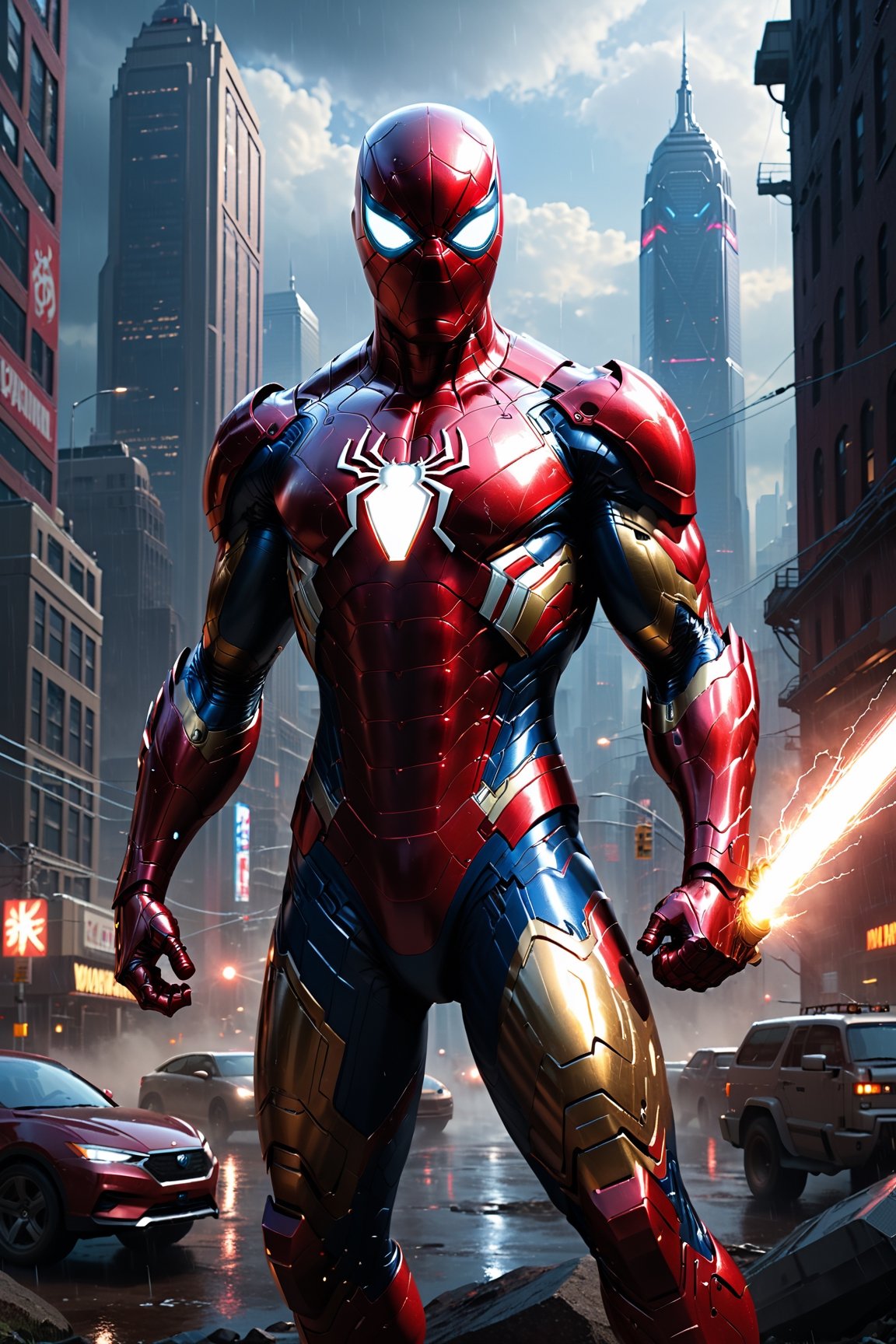 Spider-Man with Iron Man-style armor, Marvel Iron Man mixed with Spider-Man, dark, cyberpunk city, raining, right hands, ultra realistic, Unreal Engine 5, dark, ultra quality, gorgeous, beautiful, imposing pose, right hand with a cannon and plasma --auto --s2
a highly detailed matte painting of a man on a hill watching a giant alien monster, by makoto shinkai, by artgerm, by wlop, by greg rutkowski, volumetric lighting, octane render, 4k resolution, trending on artstation, masterpiece