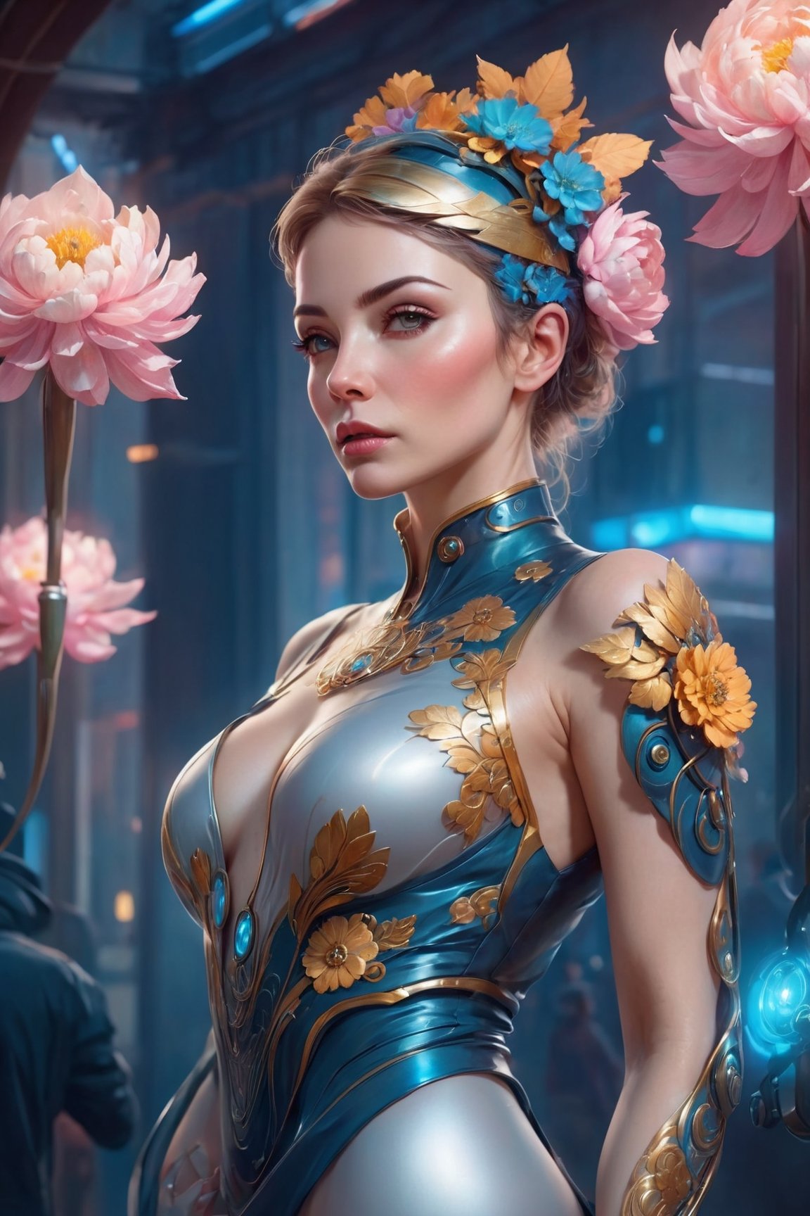 artwork by artem demura Beautiful ethereal cyberpunk woman in her fifties, art nouveau, fantasy, intricate flower designs, elegant, highly detailed, sharp focus, art by Artgerm and Greg Rutkowski and WLOP