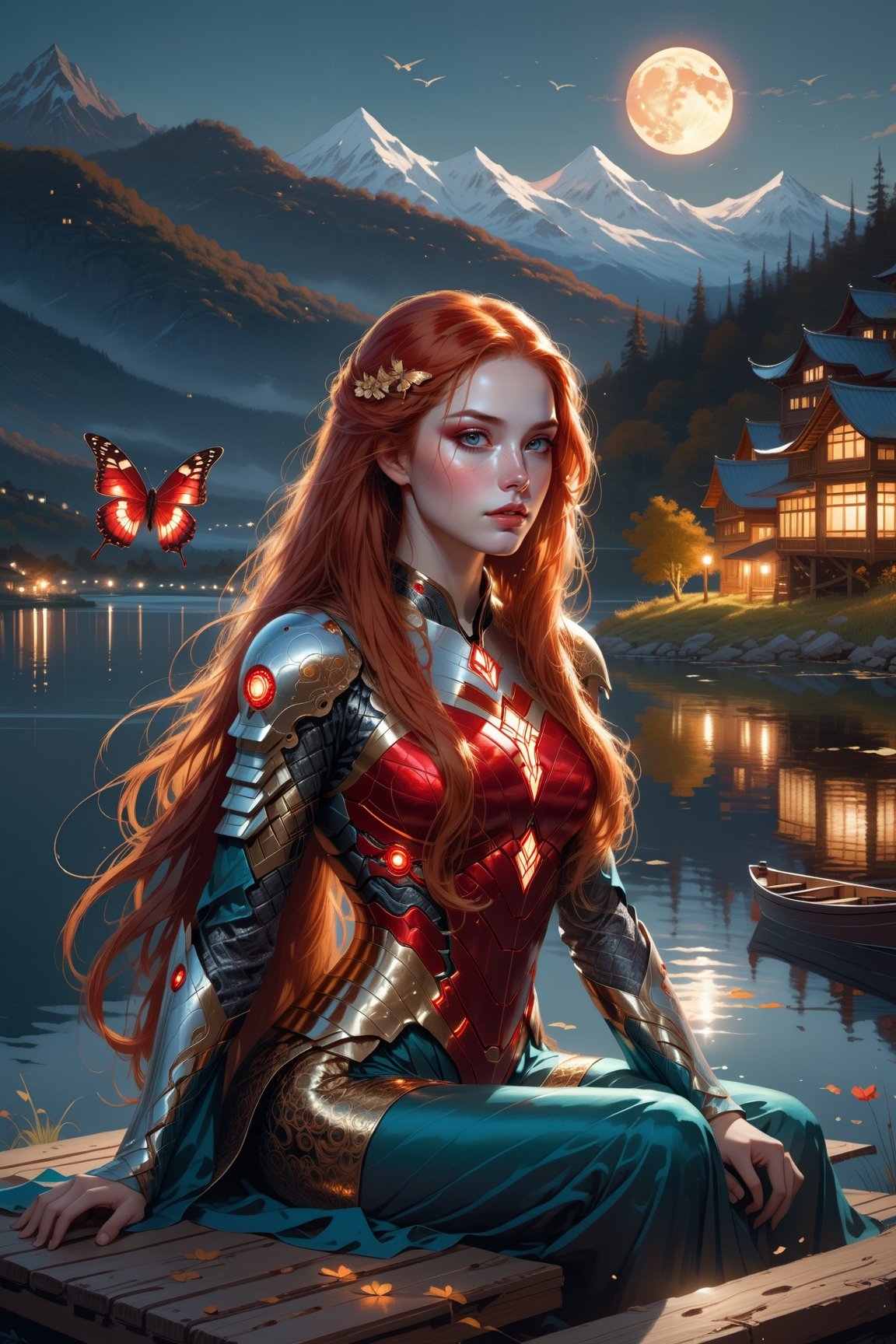 a beautiful comic book illustration of a woman with long red hair sitting near a lake at night by daniela uhlig, featured on artstation 8k portrait of beautiful cyborg with brown hair, intricate, elegant, highly detailed, majestic, digital photography, art by artgerm and ruan jia and greg rutkowski surreal painting gold butterfly filigree, broken glass, (masterpiece, sidelighting, finely detailed beautiful eyes: 1.2), hdr,