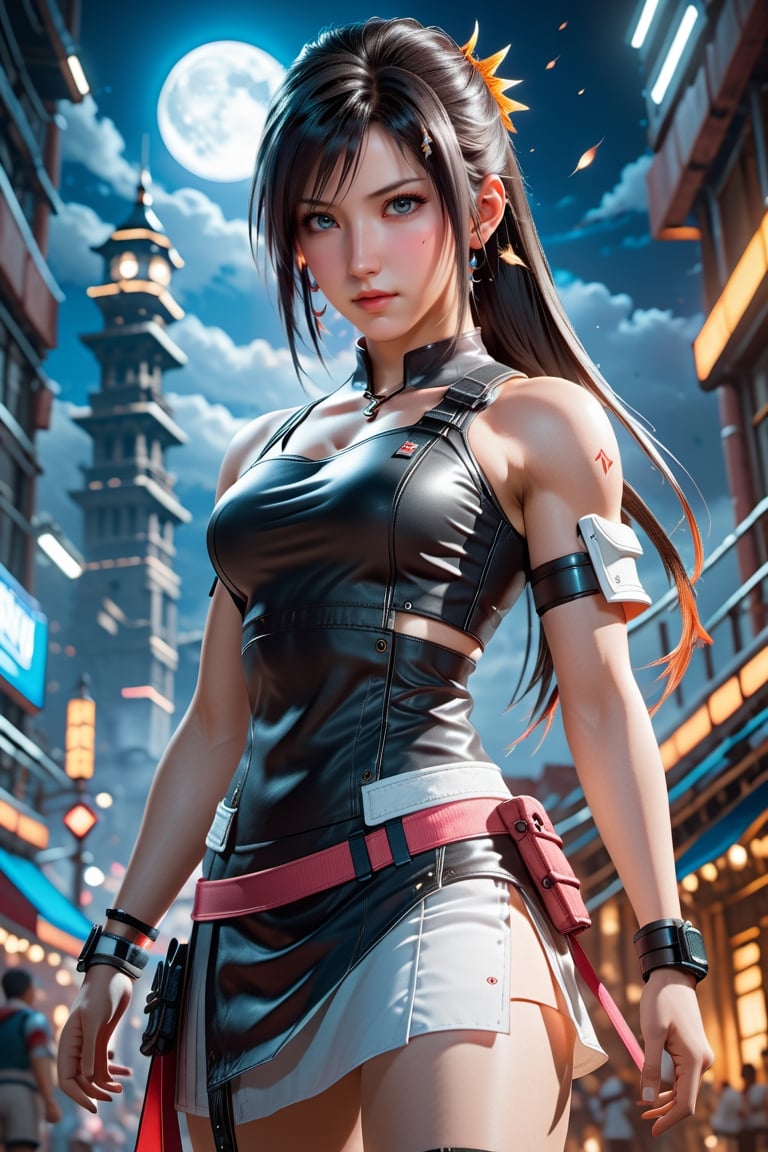 Shoes, sneakers, head and body of tifa lockhart from final fantasy vii, highly detailed, anime style ((best quality)), ((masterpiece)), (detailed), close-up, person wearing dress, fantasy art, , 3D goddess portrait, style of ross tran and wlop, captivating lighting, 8k resolution, striking facial expression, (elaborate costume details:1.3), vibrant colors, powerful presence, (ethereal glow:1.1), beautiful eyes,