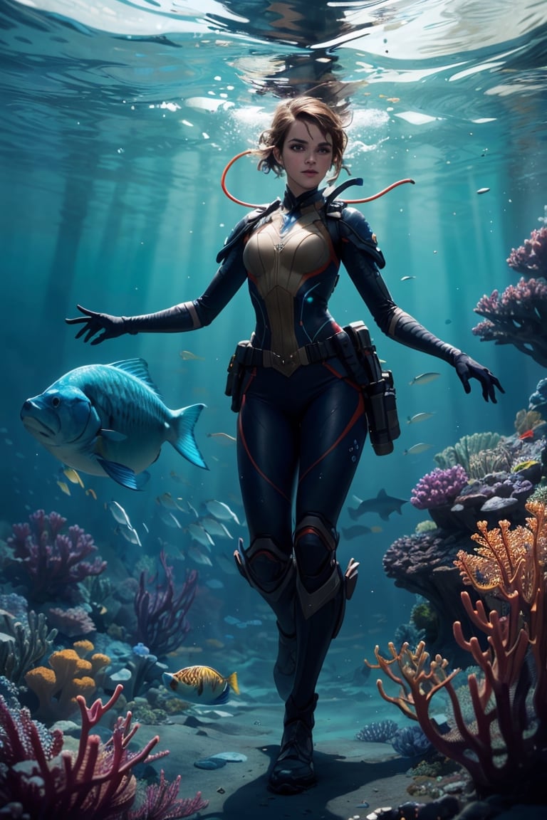 Full body of Elderly Emma Watson, portrait by Cedric Peyravernay, highly detailed, excellent composition, cinematic concept art, dramatic lighting, trending on ArtStation underwater bubbles. Underwater. High definition photography. 35 mm. F/2.5