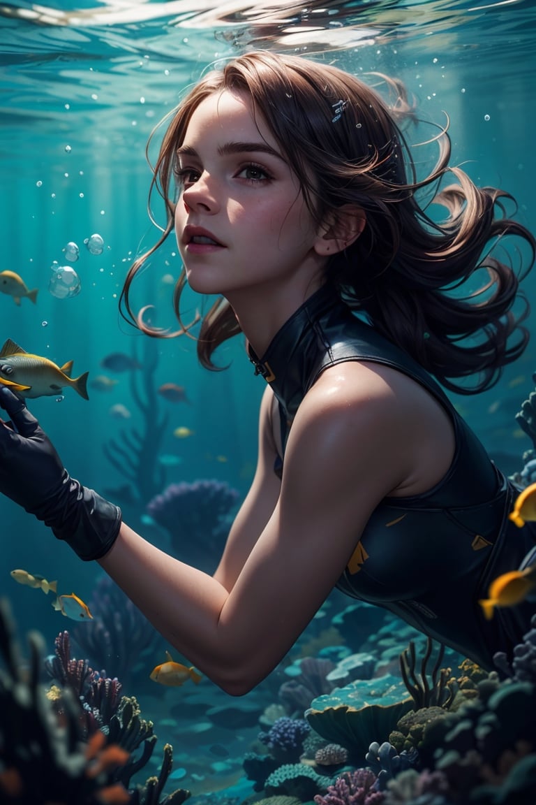 Full body of Elderly Emma Watson, portrait by Cedric Peyravernay, highly detailed, excellent composition, cinematic concept art, dramatic lighting, trending on ArtStation underwater bubbles. Underwater. High definition photography. 35 mm. F/2.5