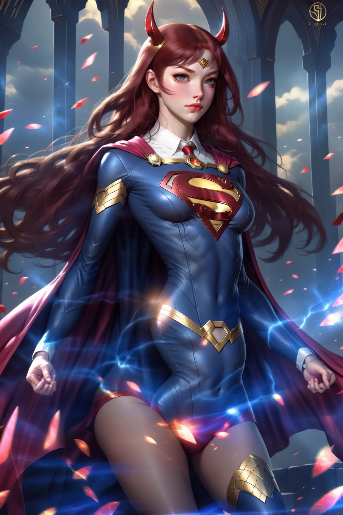 makise kurisu, intricate, amazing line work, colorful, tarot cards, the devil tarot card Full body portrait of Supergirl by Stanley Artgerm Lau, WLOP, Rossdraws, Frank Frazetta, Andrei Riabovitchev, Marc Simonetti, trending on artstation.