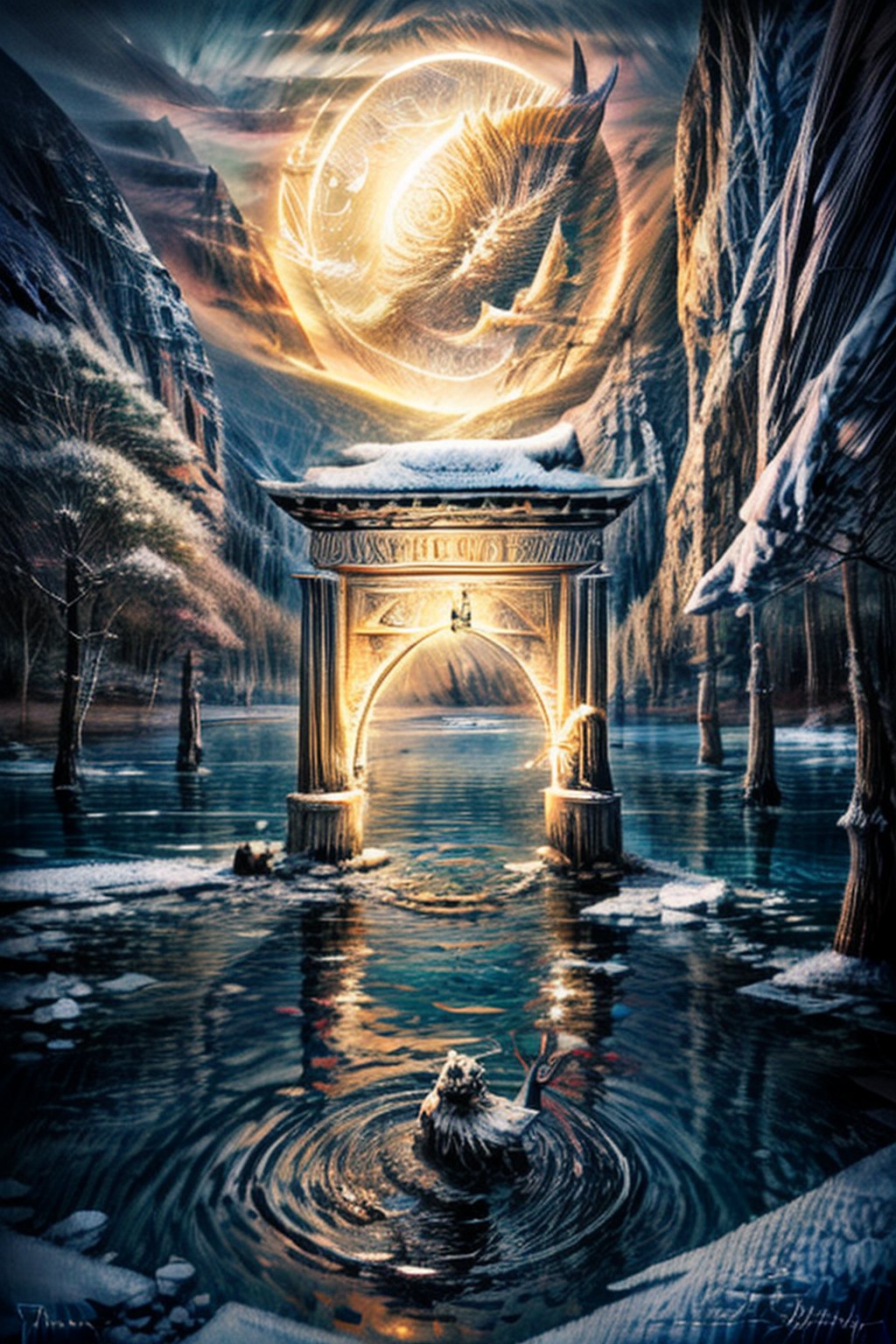 Masterpiece, detailed portrait of mythical circled gate to different dimension at the bottom of the Lake, ancient signs on pillars around lake, fantasy world, middle of forest , shining water, evening time and cold environments, sharp and professional artwork