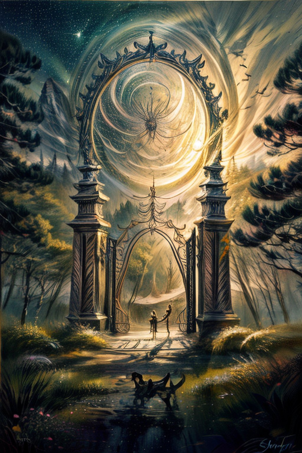 Masterpiece, detailed portrait of mythical gate to different dimension, fantasy world, middle of forest, night time, sharp and professional artwork