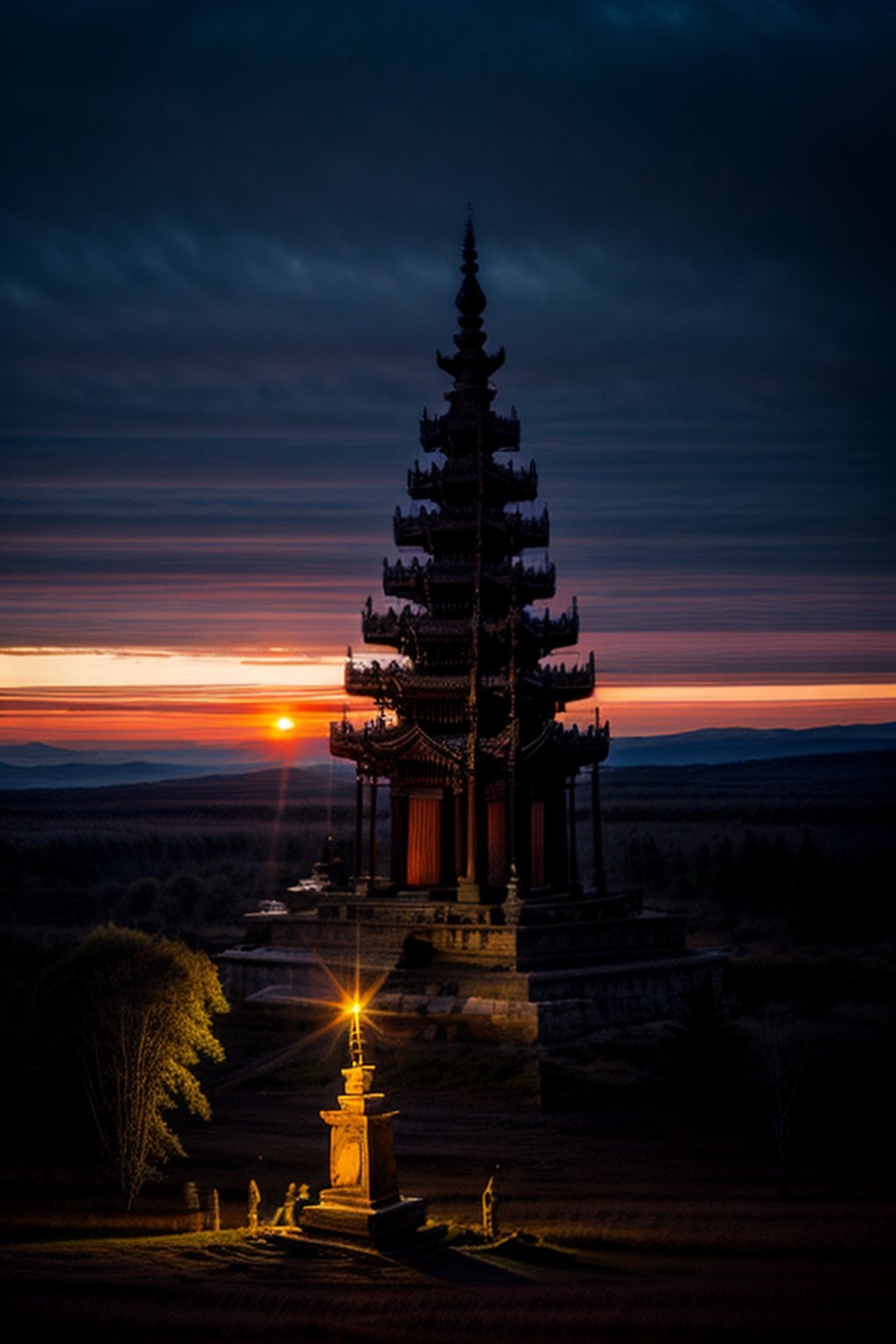 Masterpiece, detailed portrait of ancient Buddhist temple in middle of mountains and forest, sunset and cold environment, few birds flying, some saints praying, ,no_humans