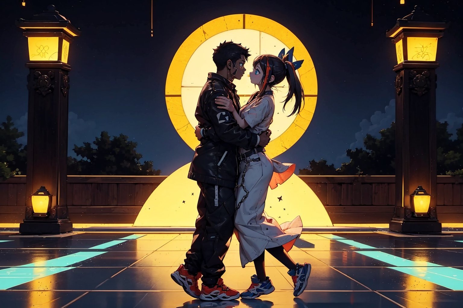 "Depict a vibrant, uplifting scene that captures the transformative power of love. In the foreground, show two figures intertwined in an embrace, representing the profound connection described in the lyrics. Their expressions and body language should radiate joy, passion, and a sense of being "born anew" through their love.

In the background, incorporate visual metaphors that symbolize breaking free from the repetitive cycles and "endless games" of life. This could include imagery like a bird escaping from a cage, a loop or maze being shattered, or chains being broken. Use dynamic lines, vibrant colors, and a sense of movement to convey the feeling of emerging into a "faster, better, stronger" existence.

The lighting should be energetic and hopeful, with warm hues and luminous highlights that evoke the idea of love being the "answer" that illuminates the path forward. You could also include symbolic elements like a rising sun, a guiding light, or a trail leading towards an open horizon.

Overall, the image should inspire a sense of triumph, possibility, and the invigorating rush of finding true love that helps one transcend the monotony and "apathy" of daily life. It should be a celebratory, uplifting scene that captures the song's core message of love being the key to redefining one's reality."