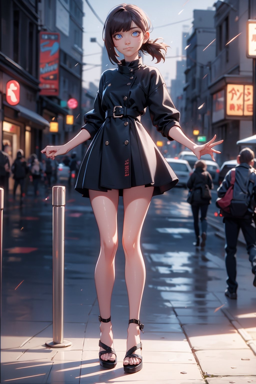 White skin,full body beautiful detailed eyes,looking at viewer,stunningly beautiful woman,detailed hairstyle,realistic_detailed_skin_texture,good hands,good feet,8k,RAW photo,best quality,ultra high res,photon mapping,radiosity,physically-based rendering, professional soft lighting,light on face, akatsuki outfit,extra hands, black sandals,best quality,raining night city background,mechanical city,Pamela dress,portrait,1 girl,attack pose,3d,kobeni higashiyama