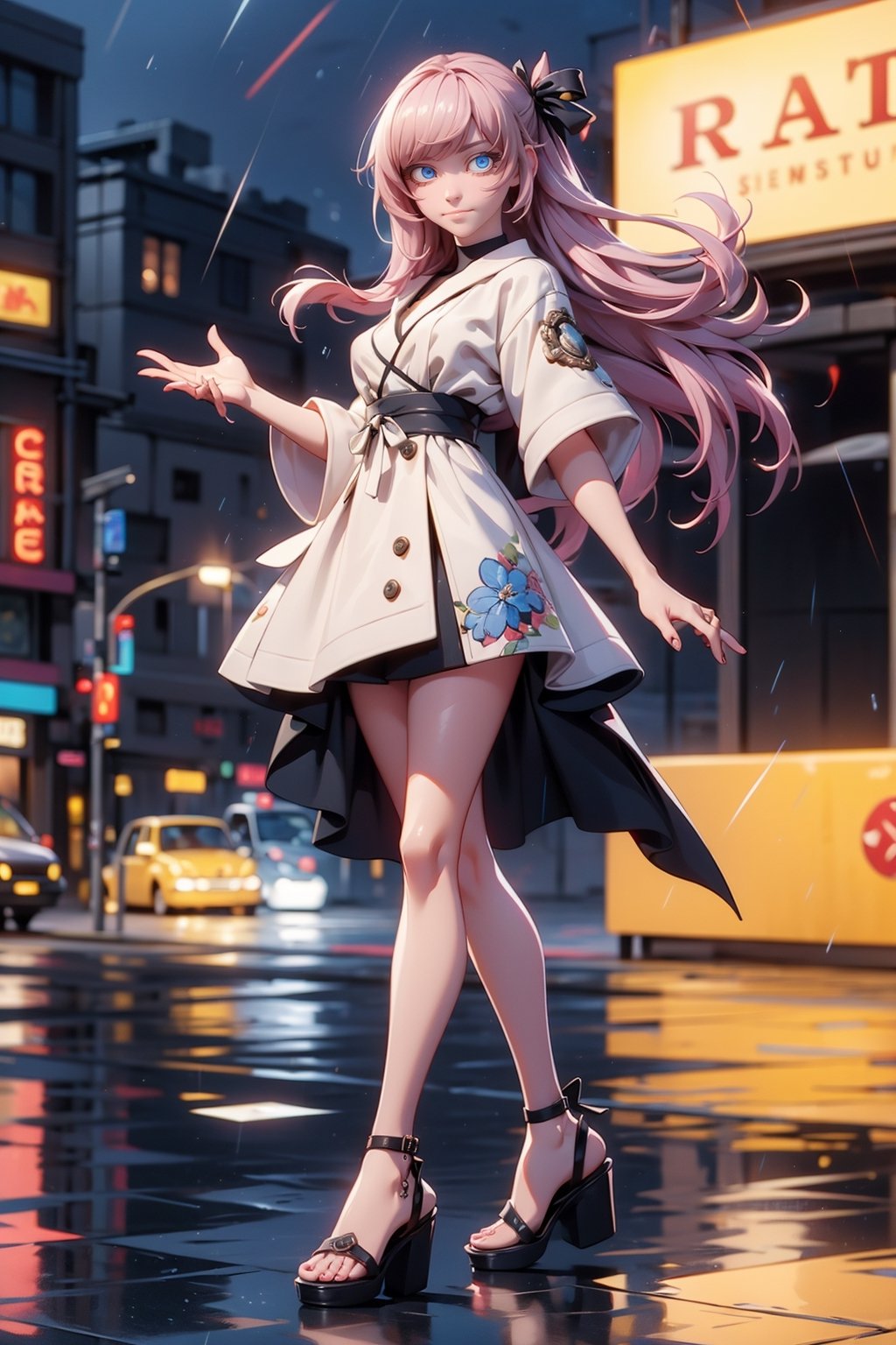 White skin,full body beautiful detailed eyes,looking at viewer,stunningly beautiful woman,detailed hairstyle,realistic_detailed_skin_texture,good hands,good feet,8k,RAW photo,best quality,ultra high res,photon mapping,radiosity,physically-based rendering, professional soft lighting,light on face, akatsuki outfit,extra hands,extra fingers,black sandals,best quality,raining night city background,mechanical city,Pamela dress,portrait,1 girl,attack pose,3d