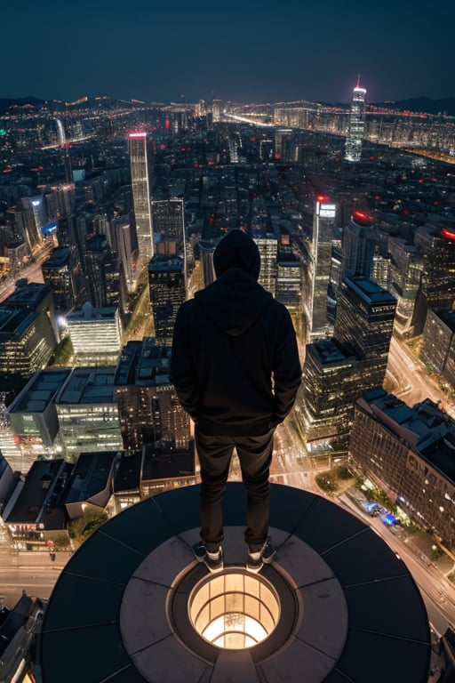 absurdres, best quality, cityscape, building, city, skyscraper, from above, night BREAK BREAK BREAK solo, 1man, on seoul city (looking at view), (black hoodie, standing on ruins of pillar on the top of a roof), from behind, (aerial view 45 degree angle:1.5), (zoom out:1.8), black theme, expressionless