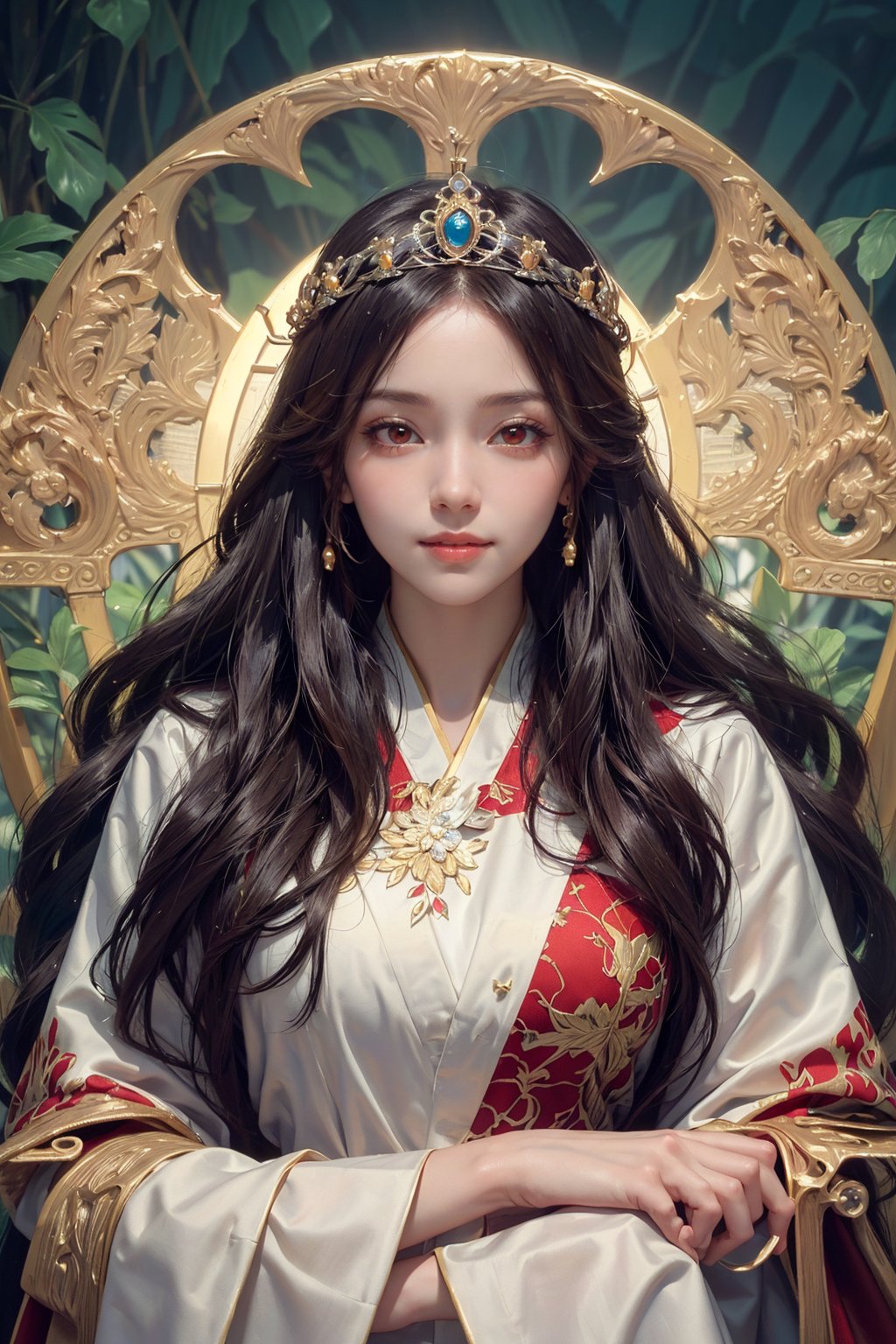 (masterpiece, best quality), 1girl, on the festival, (the empress:1.15), long hair, Curtain, hanbok dress, (sunshine, sky, river, forest), expressionless, red eyes, very long hair, (art nouveau:1.2), alphonse mucha, tiara, (face focus, upper body), (red throne:1.12), tiara, highly intricate details, realistic light, smile
