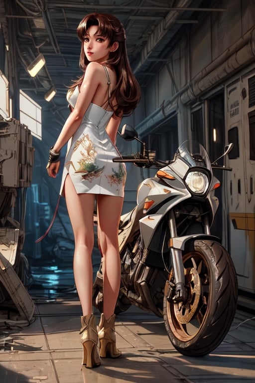 sticker of ultra detailed portrait of lisa hayes of robotech macross, long straight brown hair with bangs, perfect detailed brown eyes, white cotton long dress with straps and neckline, high quality cell shaded illustration in post apocalyptic style, full body, dynamic pose, perfect anatomy, centered, freedom, soul, approach to perfection, cell shading, 4k , cinematic dramatic atmosphere, watercolor painting, global illumination, detailed and intricate environment, artstation, concept art, fluid and sharp focus, volumetric lighting, cinematic lighting,misato katsuragi, long hair