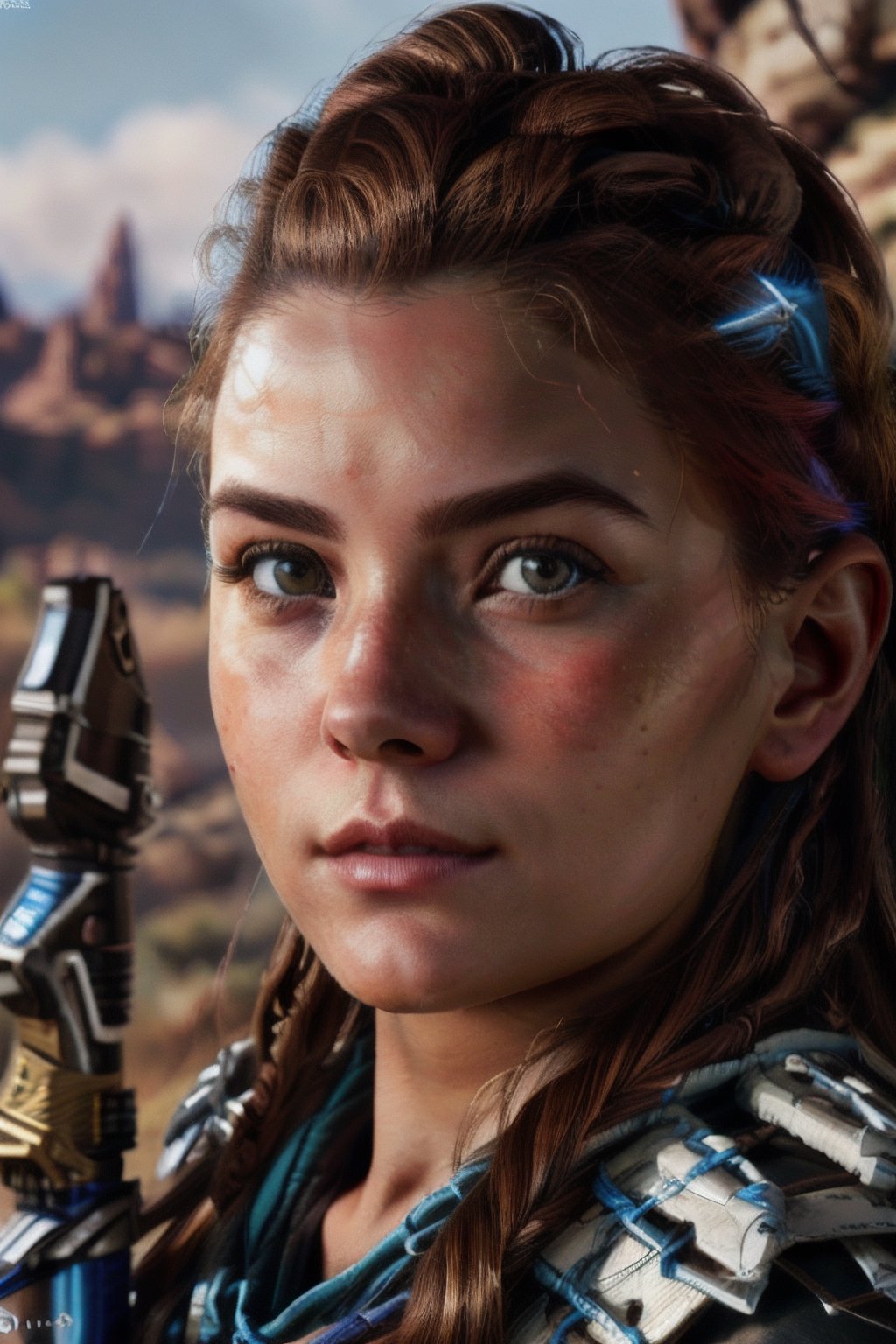 ((aloy)), ((running)), ((holding a staff)), ((oval jaw)), ((25 years old)), ((beautiful)), ((5.9 feet tall)), clear forehead, brown hair, slender, realistic, detailed, ultra detailed realistic illustration, ultra high definition, 8k, unreal engine 5, ultra sharp focus, highly detailed, vibrant, cinematic production character rendering, very high quality model, hyper detailed photography, ultra detailed, detailed face, detailed eyes, realistic, detailed, ultra-detailed realistic illustration, detailed face, Aloy, mecha musume, ,photo of perfecteyes eyes,