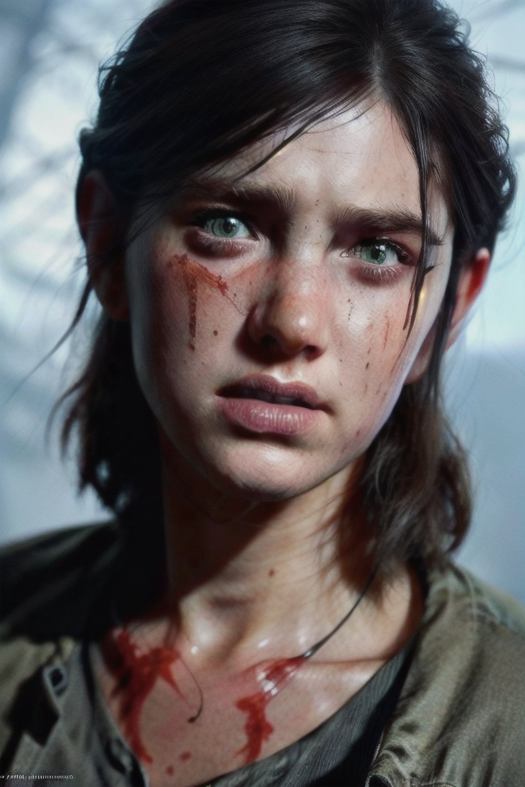 Ellie standing dripping with blood, face covered in blood, blood everywhere, holding a bow and arrow, rage-filled face, standing after a fight, portrait, close up, realistic, detailed, ultra-detailed realistic illustration, female, detailed face, mid shot, backlit, glamour, shimmer, strokes, smooth, ultra high definition, 8k, unreal engine 5, ultra sharp focus, highly detailed, vibrant, cinematic production character rendering, very high-quality model, full body, hyper-detailed photography, soft light, ultra-detailed, detailed face, detailed eyes, Ellie tlou2,Detailedface,blood