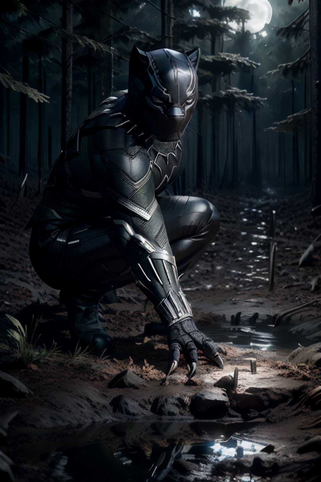 ((black panther marvel character)), ((crouched looking at tire tracks on dirt)), ((in the forest)), ((glowing white eyes)), ((full body shot)), wide shot, nighttime, midnight, realistic, detailed, ultra detailed realistic illustration, ultra high definition, 8k, unreal engine 5, ultra sharp focus, highly detailed, vibrant, cinematic production character rendering, very high quality model, hyper detailed photography, ultra detailed, detailed face, detailed eyes, realistic, detailed, ultra detailed realistic illustration, detailed face,whiteeyes,moonlight reflection,