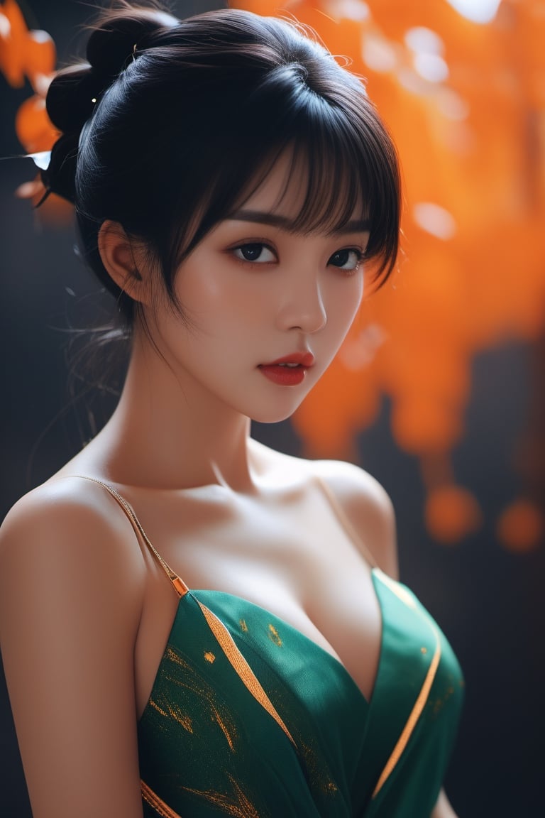 RAW photograph of a stunning heavenly beautiful woman, sharp contrast, Techno Marble, photorealistic, creepy, art by gaston bussiere, art by wlop, hyper detailed, unreal engine 5, space, breathtaking, Korean light novel, gold, glitchy, photorealistic landscape, black background, (jade and orange color scheme:1.2), cinematic still by Guillermo del toro, art by ilya kuvshinov, Anime Avatar, arnold render, art by wayne barlowe, 