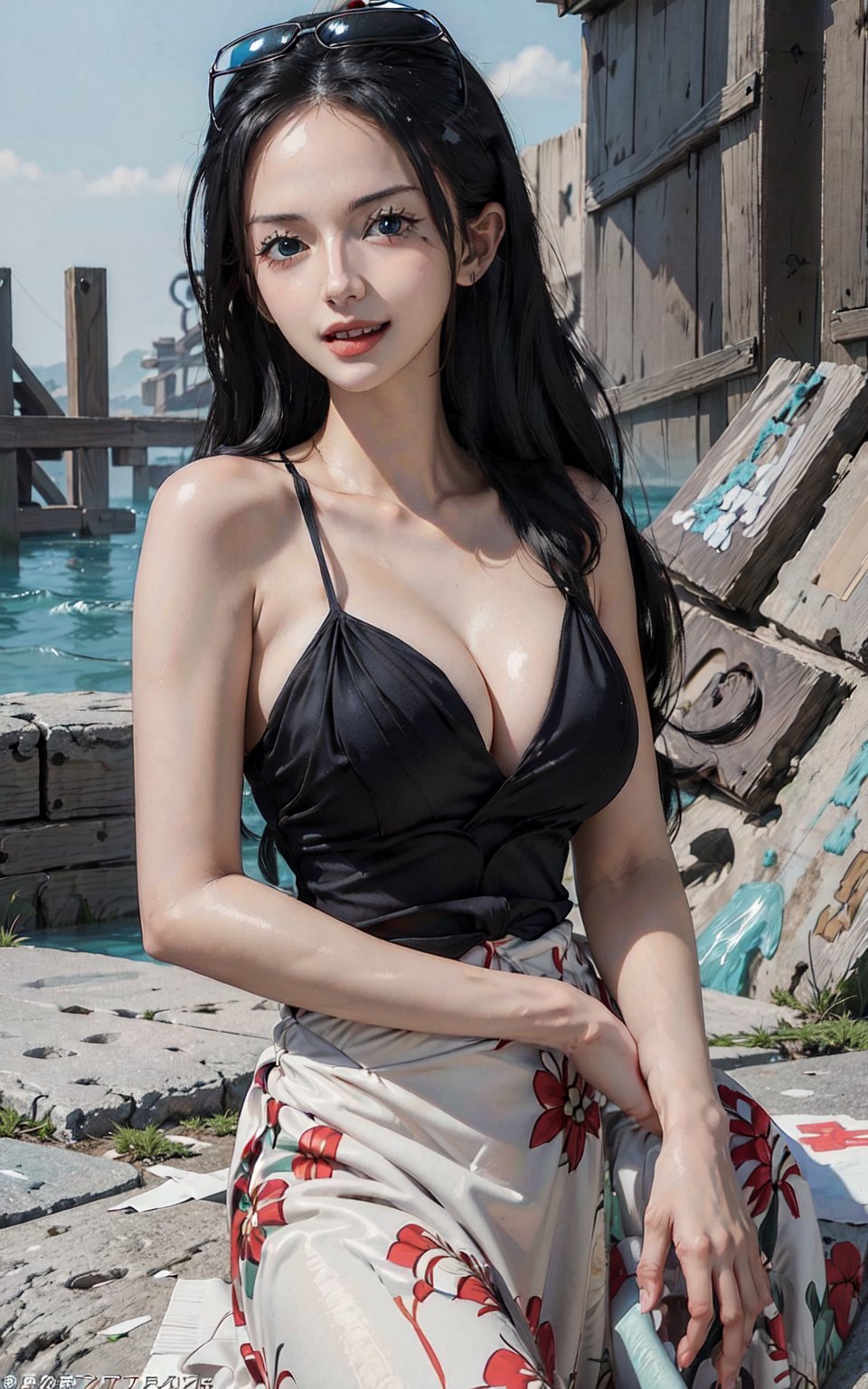 (((masterpiece))), NicoRobin, 1girl, solo, long hair, looking at viewer, smile, open mouth, blue eyes, large breasts, black hair, upper body, :d, day, sitting ,sunglasses, eyewear on head, hair slicked back, 