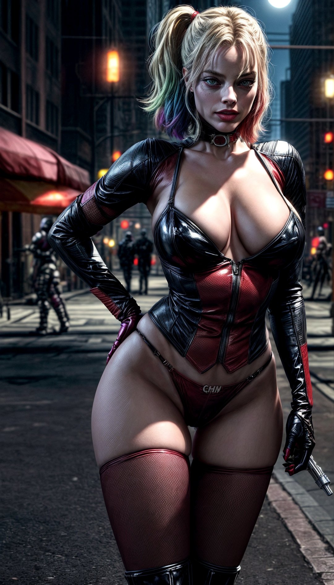 Cgi, realistic, best quality, 8k graphics, uhd graphics, realistic, bright colours, best graphics, complex background, Harley Quinn next to The Joker in the streets of gotham city,Very big breasts,seductive,long legs,insane detail,boobs popping out,cameltoe,sexy shaved pussy,very sexy girl,see through breast,gundam,perfect and realistic boobs and pussy,full moon,sexy ass,stripping clothes,margot robbie,head to toe full body