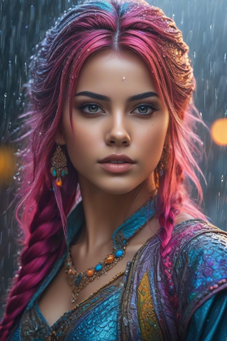 princess, colourfull hair, crop top, trousee, cinematic, rain, photography,  hyper detailed, trending on artstation, sharp focus, studio photo, intricate details, highly detailed,detailed face, detailed, (ultra hd,) 