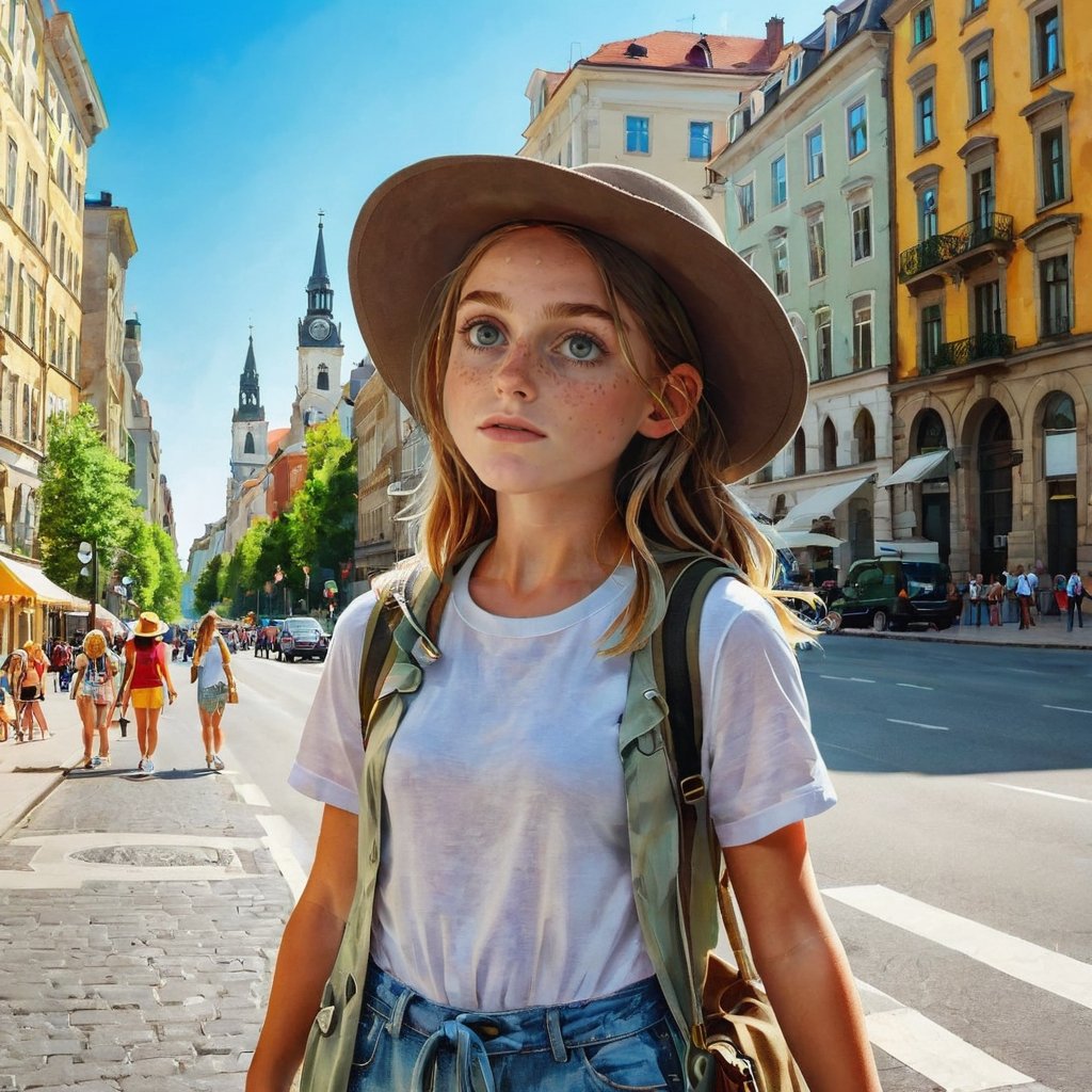 Description
Girl tourist in hat exploring new city at summer looking , on the street, summer holidays sightseeing tourism