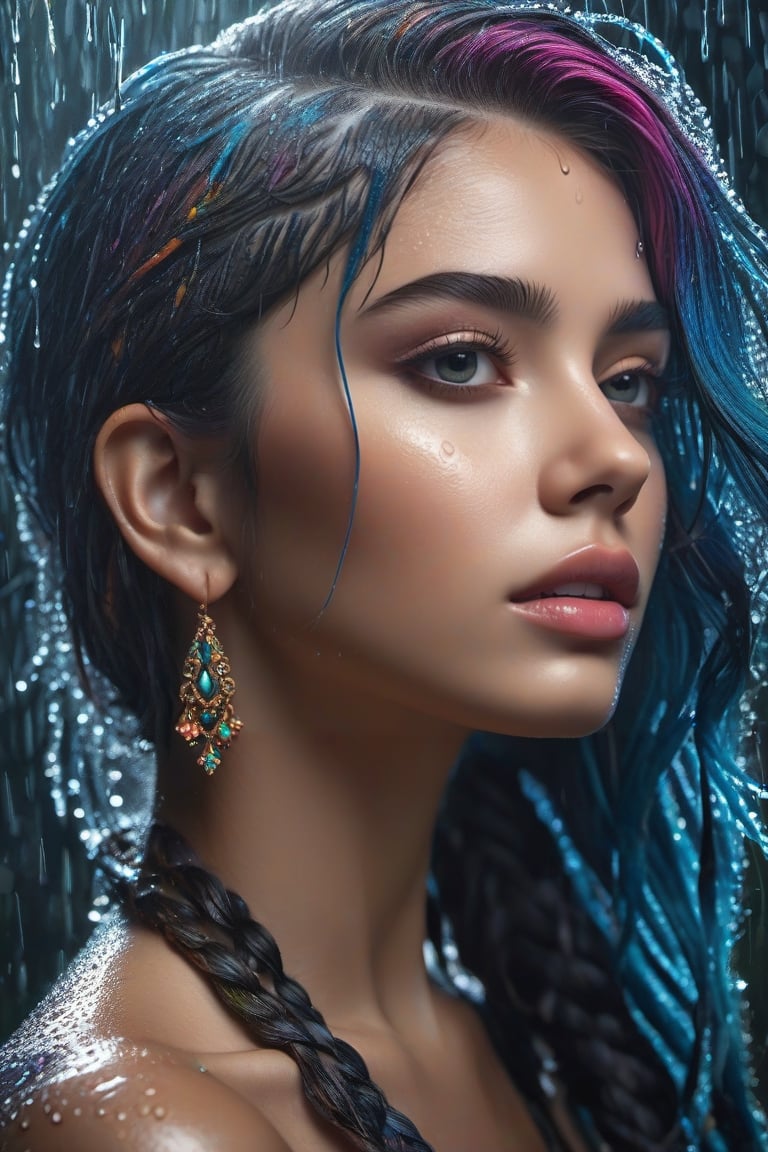 Wet,princess, colourfull hair, cinematic, rain, photography,  hyper detailed, trending on artstation, sharp focus, studio photo, intricate details, highly detailed,detailed face, detailed, (ultra hd,) 