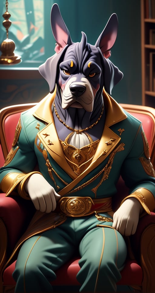 male mightiest Great Danes wearing dress, siting on chair ,enchanted Kingdom of Paws, CINEMATIC, CINEMATIC LIGHT ,8lHD detailed,artstation, sharp focus, ,photo r3al,Movie . ,Furry character