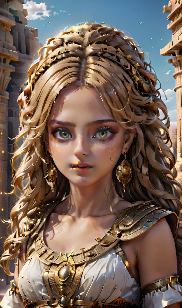 wide angle camera , girl , detailed eyes, curly long yellow hair, , Ancient Egypt , roman castle civilization, girl  costume,Middle Kingdom of the Middle Bronze Age and the New Kingdom of the Late Bronze Age. mudy ,piramid   inside  [(masterpiece, top quality, best quality, , ,3D Render Style,3DRenderAF,Movie Aesthetic,icarus,Roman,DonMASKTexXL 