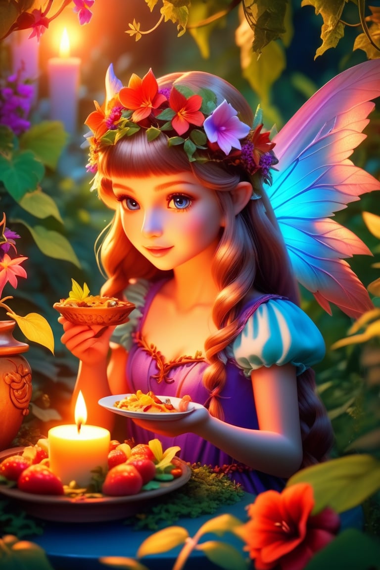 Cute fairy eats food ,candle light (winged demonic creation):.5)) in a (((wild) (vine filled) jungle):((beautifull) (vibrant) (flowery) garden):.9) at (dusk sunset) 8k.